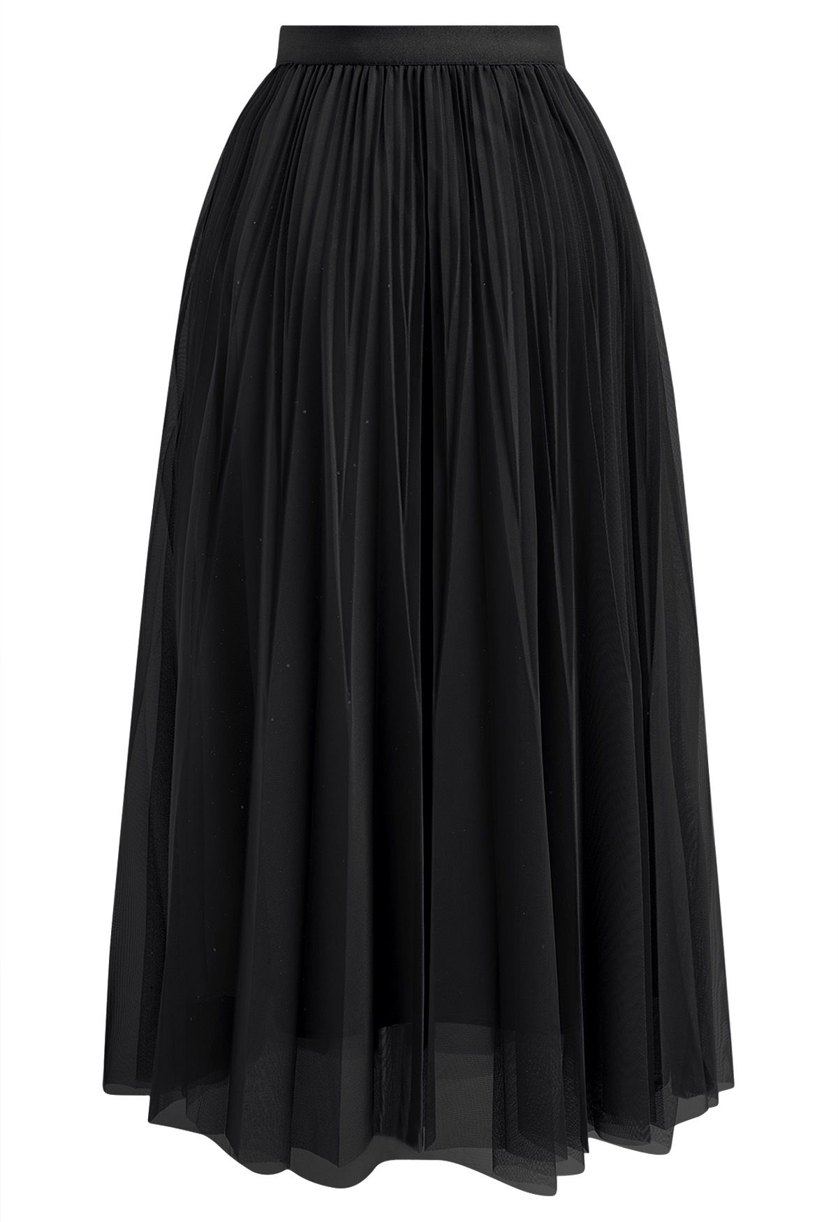 Glitter Trim Pleated Mesh Tulle Skirt in Black