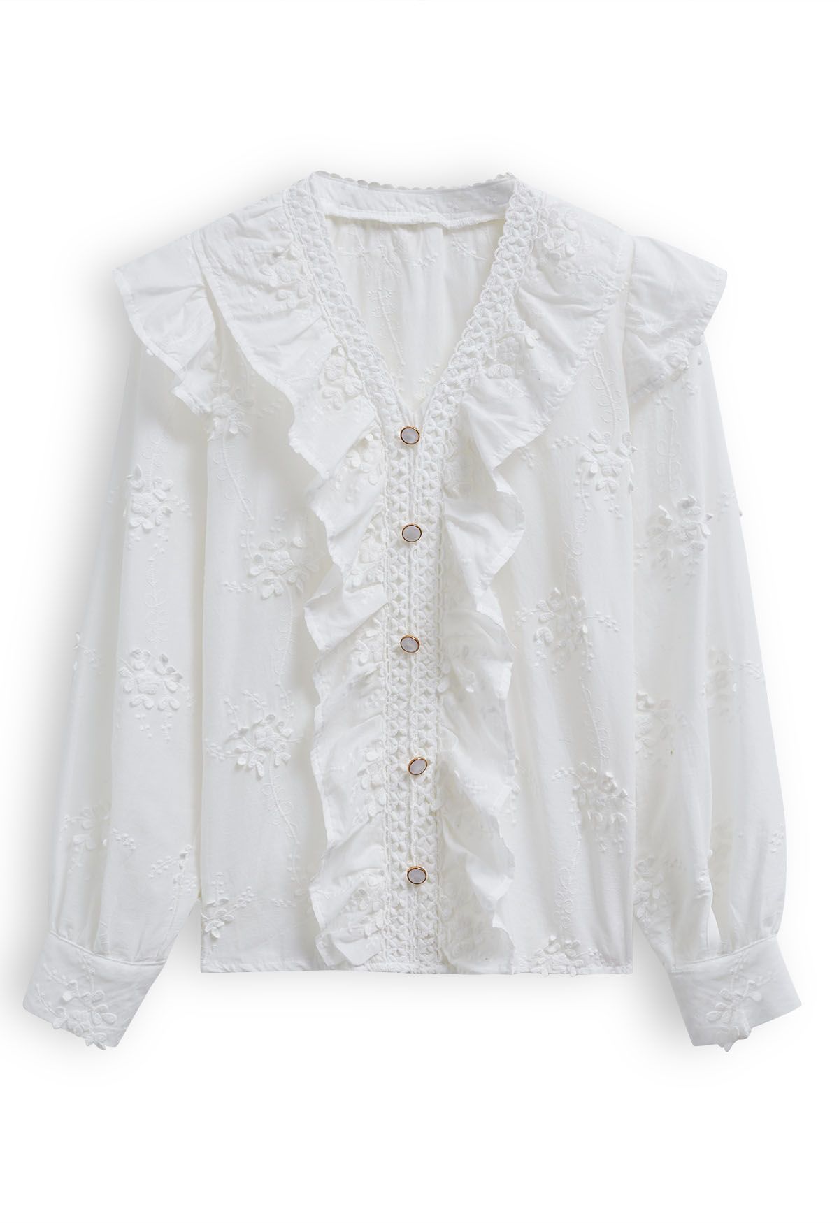 Floret Embroidery Ruffled Buttoned Top in White