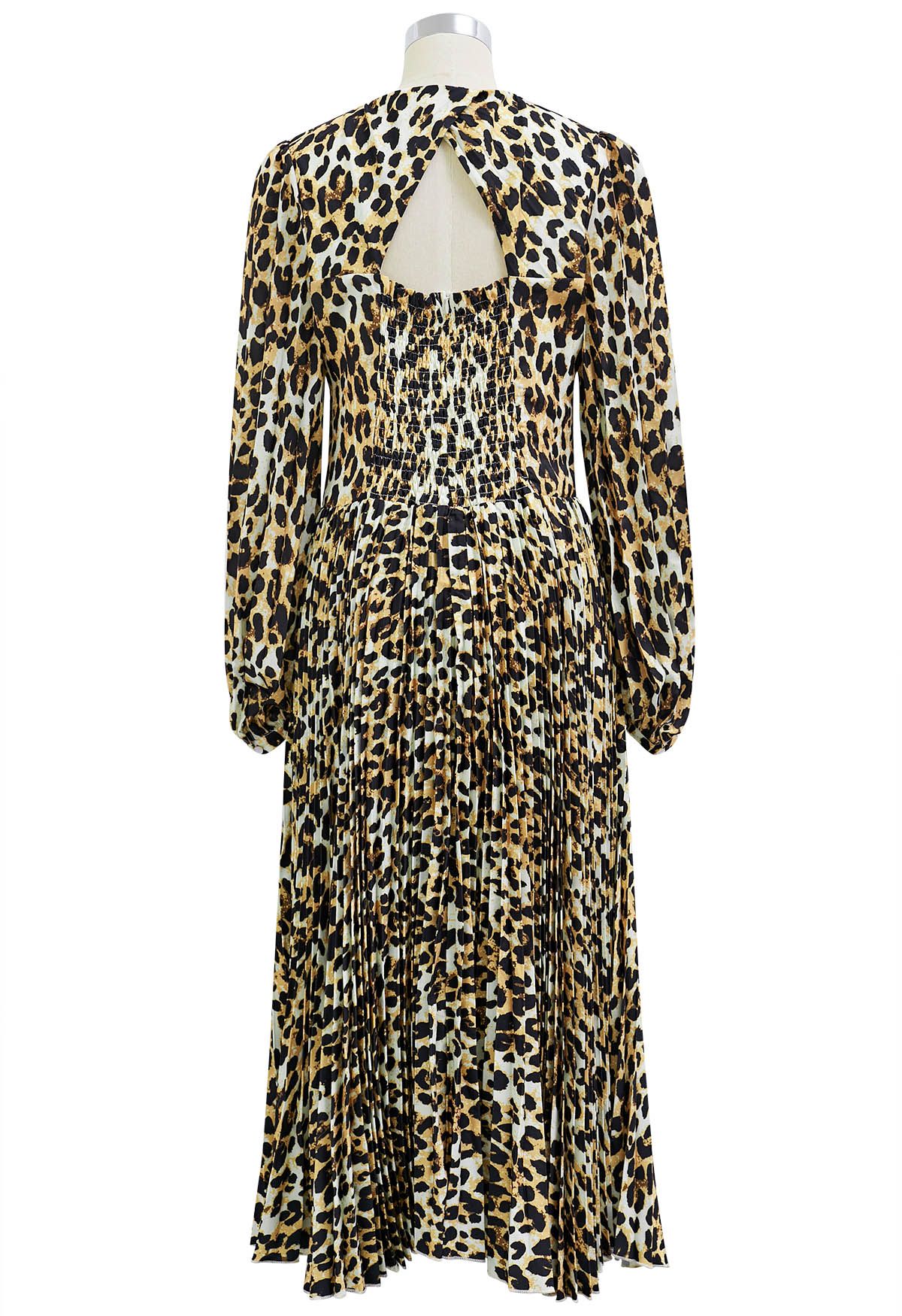 Animal Print V-Neck Cutout Back Pleated Dress