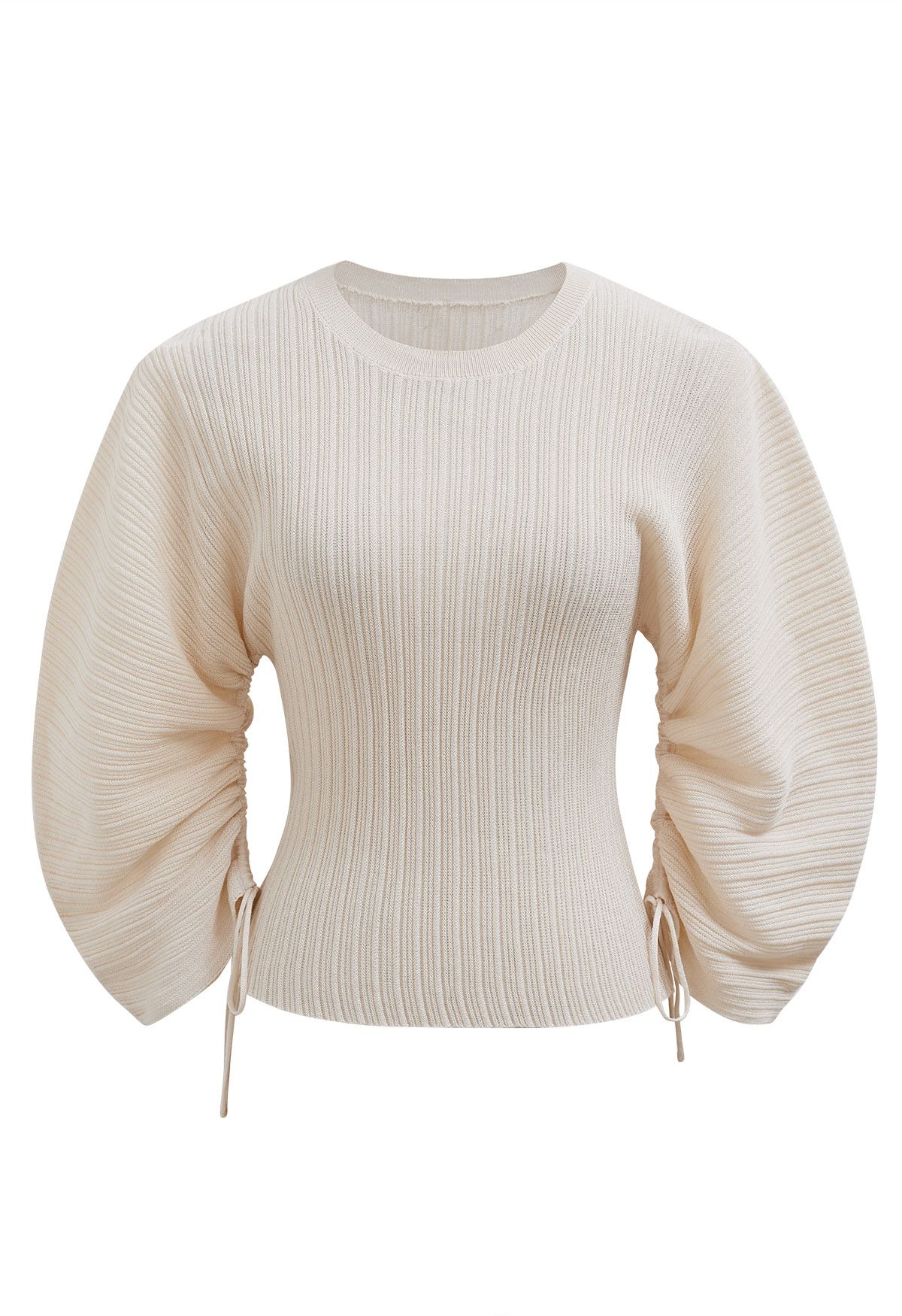 Drawstring Sleeves Ribbed Texture Top