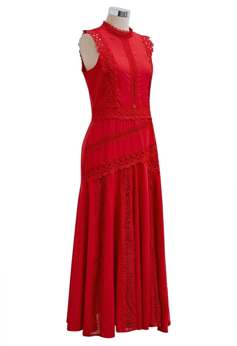 Dive into Elegance Lace Panelled Sleeveless Dress in Red