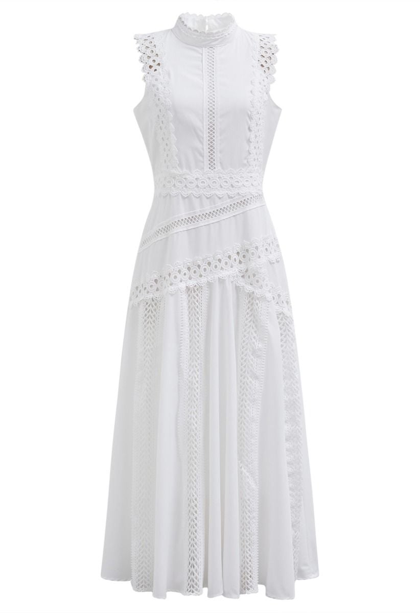 Dive into Elegance Lace Panelled Sleeveless Dress in White