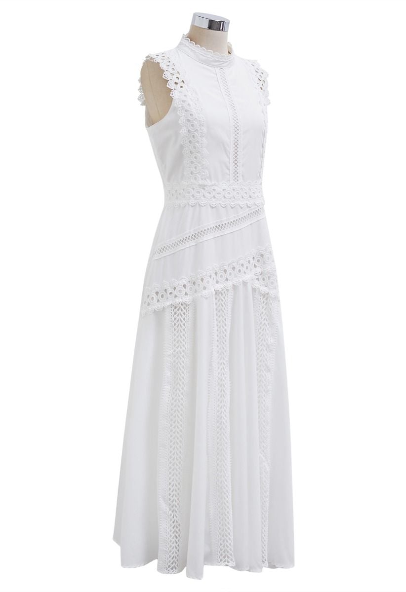 Dive into Elegance Lace Panelled Sleeveless Dress in White