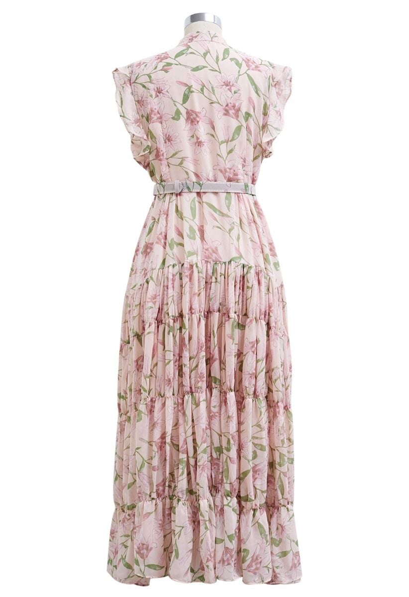 Lily Printed Belted Faux-Wrap Chiffon Maxi Dress in Pink