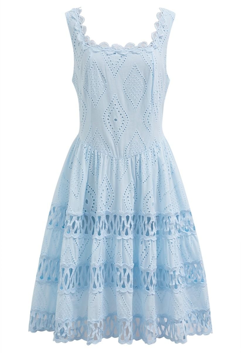 Geometric Eyelet Embroidered Square Neck Sleeveless Dress in Light Blue