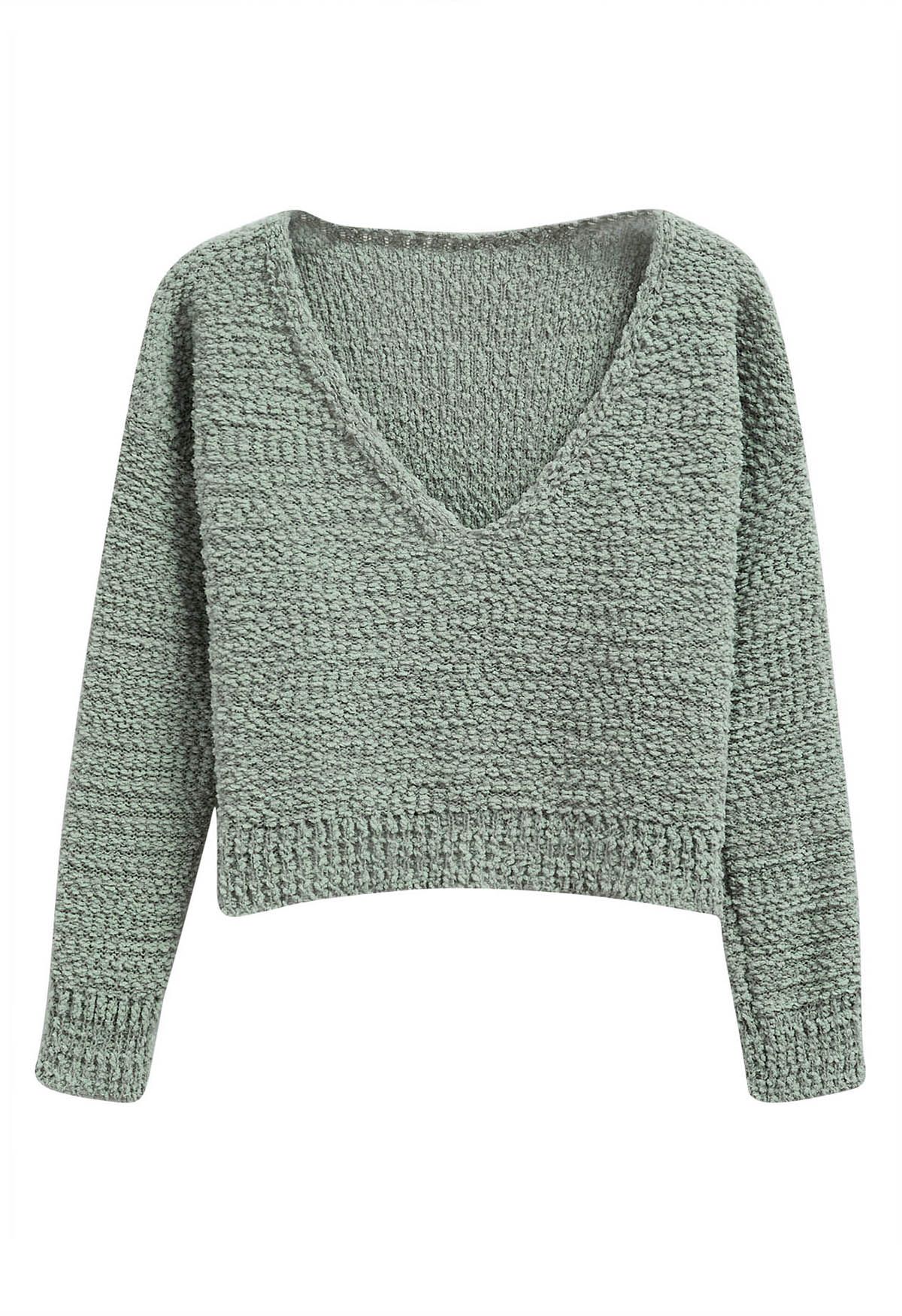 V-Neck Comfy Knit Sweater in Pea Green - Retro, Indie and Unique Fashion
