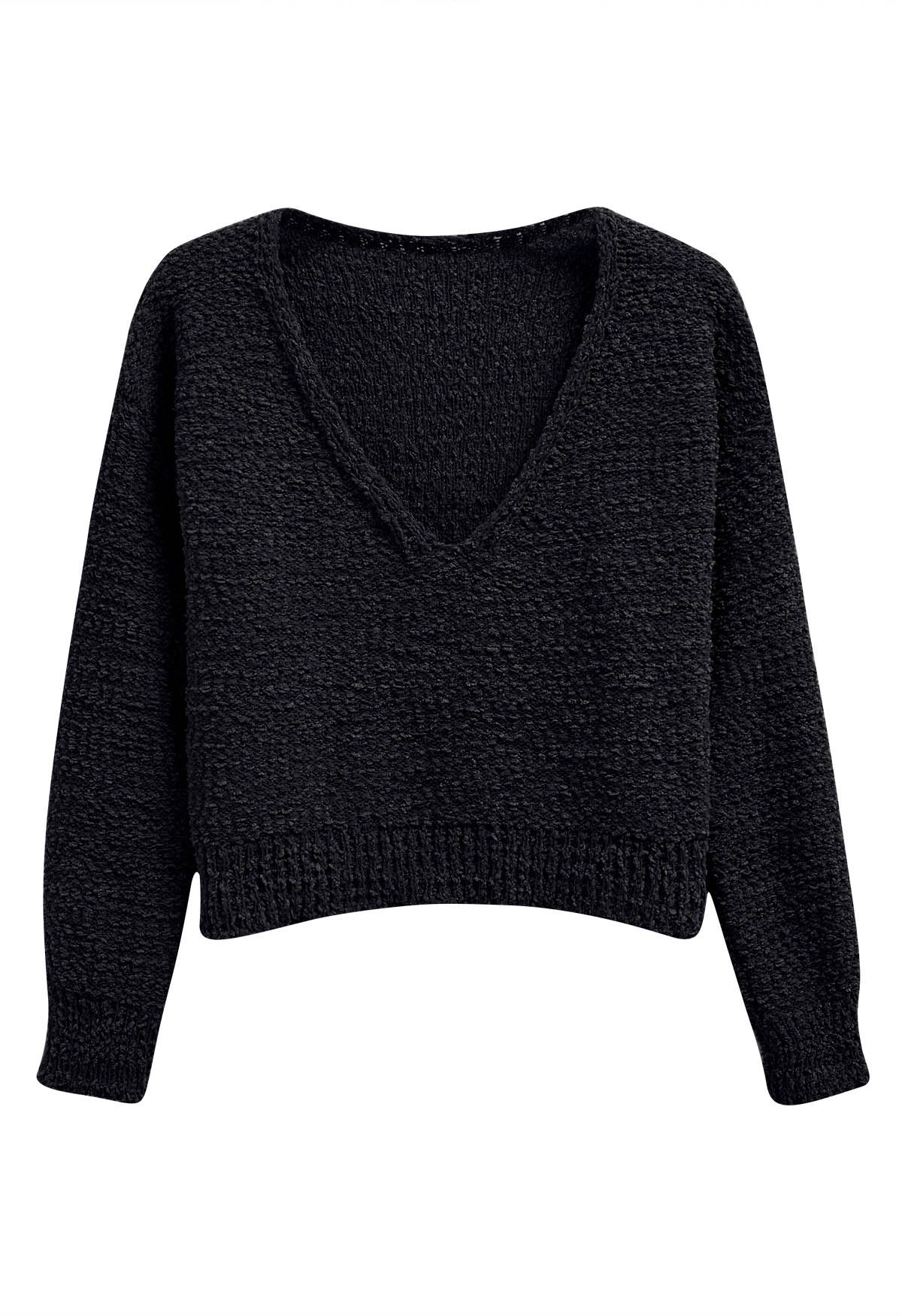 V-Neck Comfy Knit Sweater in Black