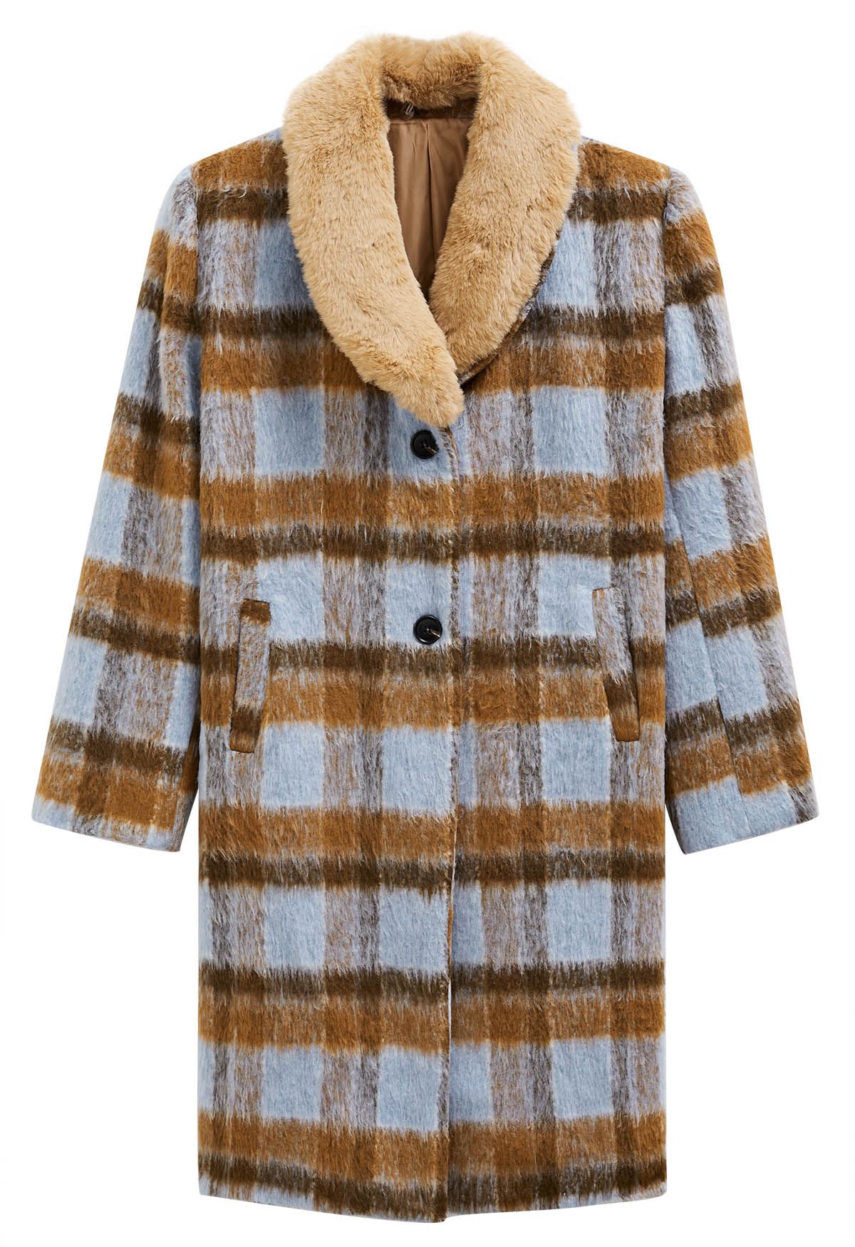 Faux Fur Collar Plaid Longline Coat in Blue