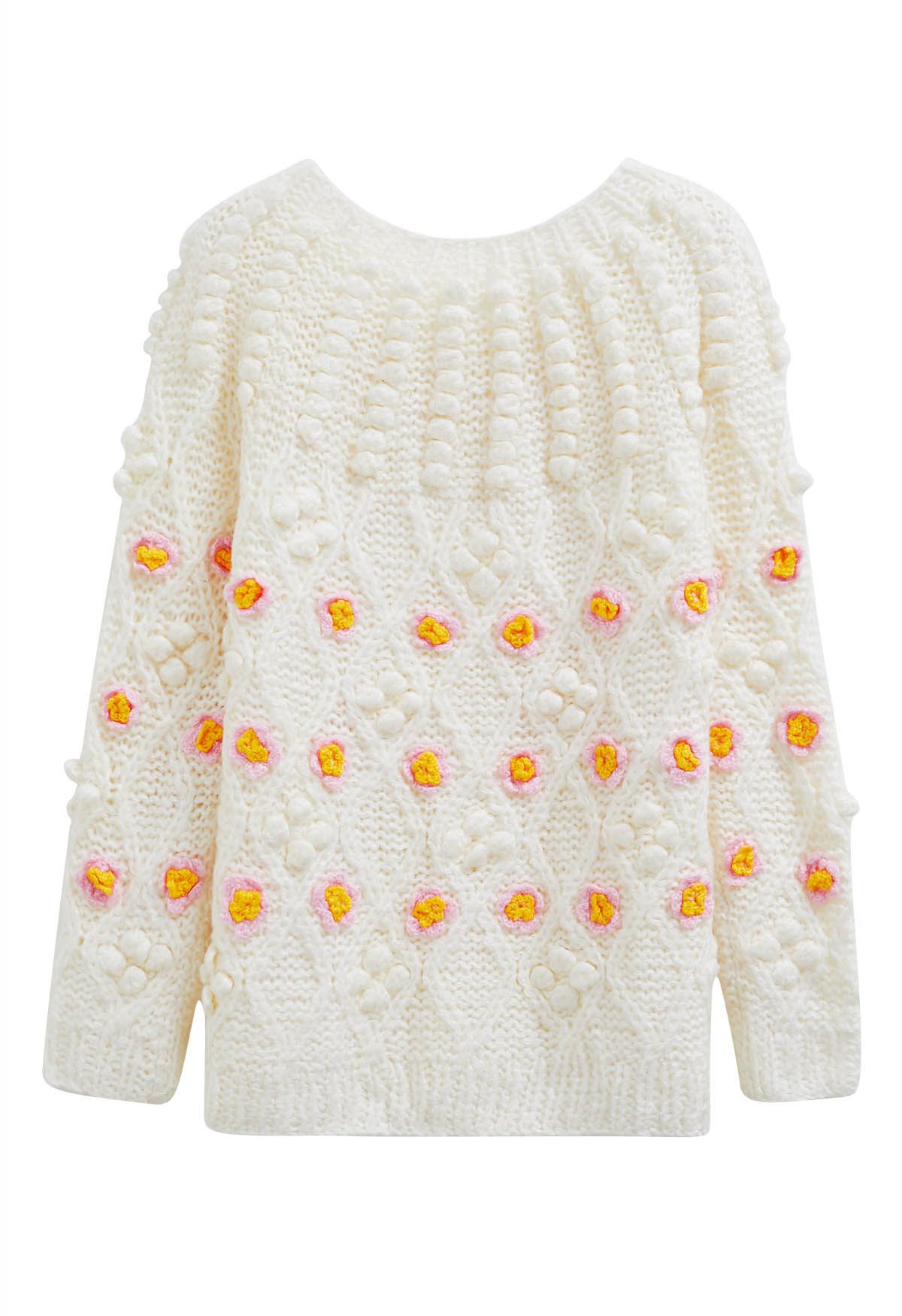 Pom-Pom Stitch Flower Chunky Knit Sweater