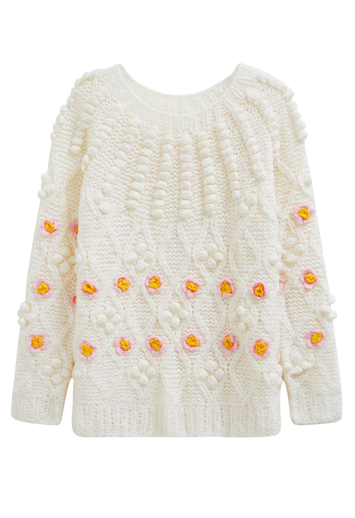 Pom-Pom Stitch Flower Chunky Knit Sweater