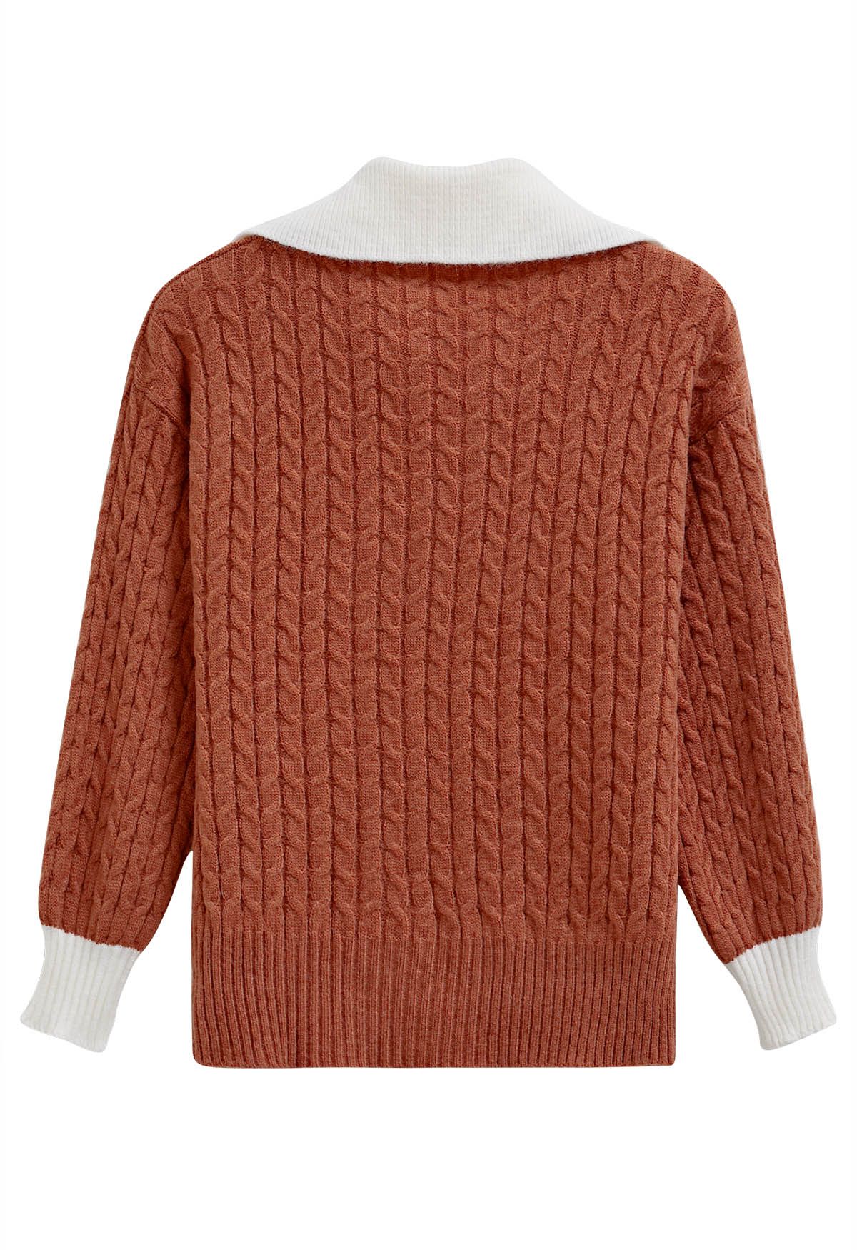 Contrast Flap Collar Cable Knit Sweater in Pumpkin