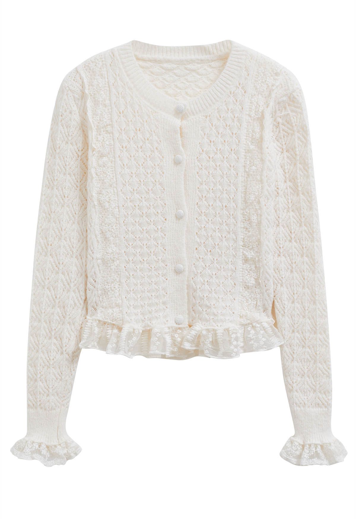 Lace Trim Pointelle Knit Cardigan