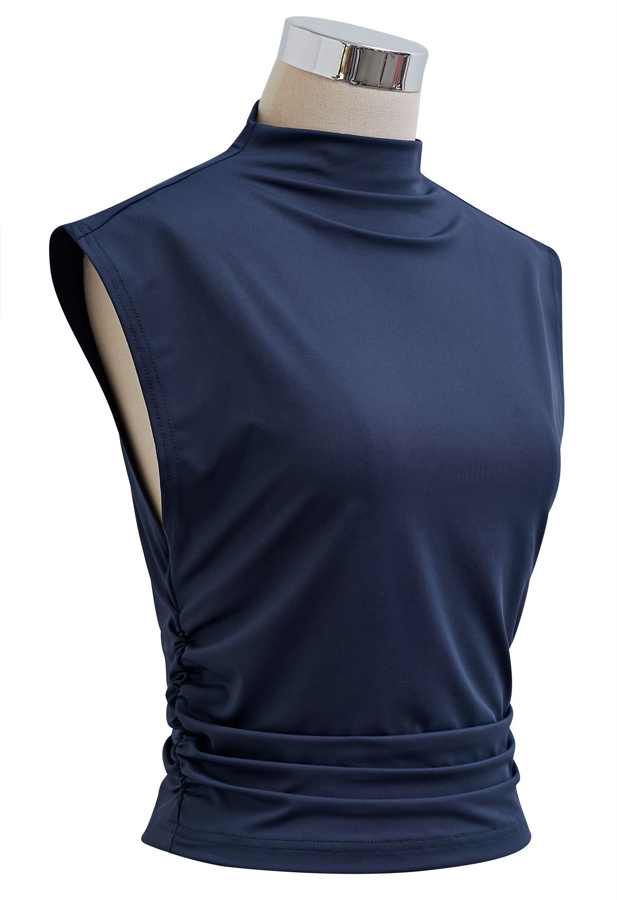 Mock Neck Ruched Sleeveless Top in Navy