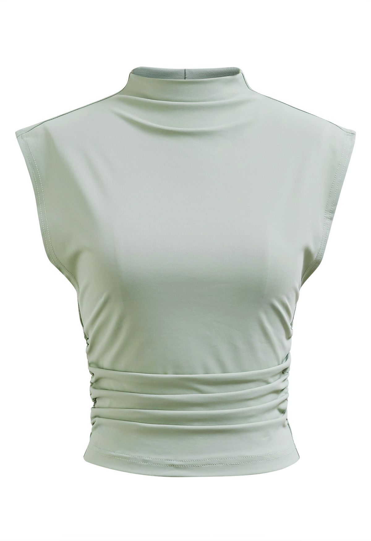 Mock Neck Ruched Sleeveless Top in Pea Green