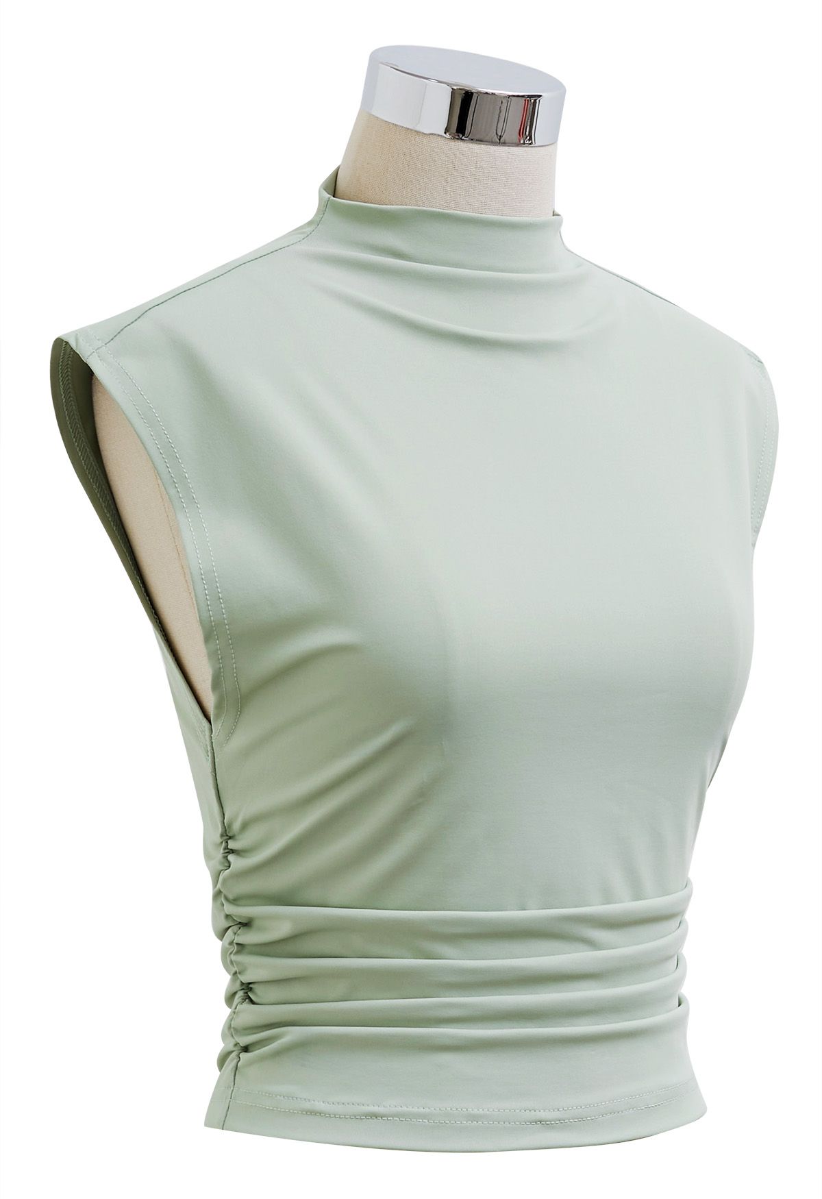 Mock Neck Ruched Sleeveless Top in Pea Green