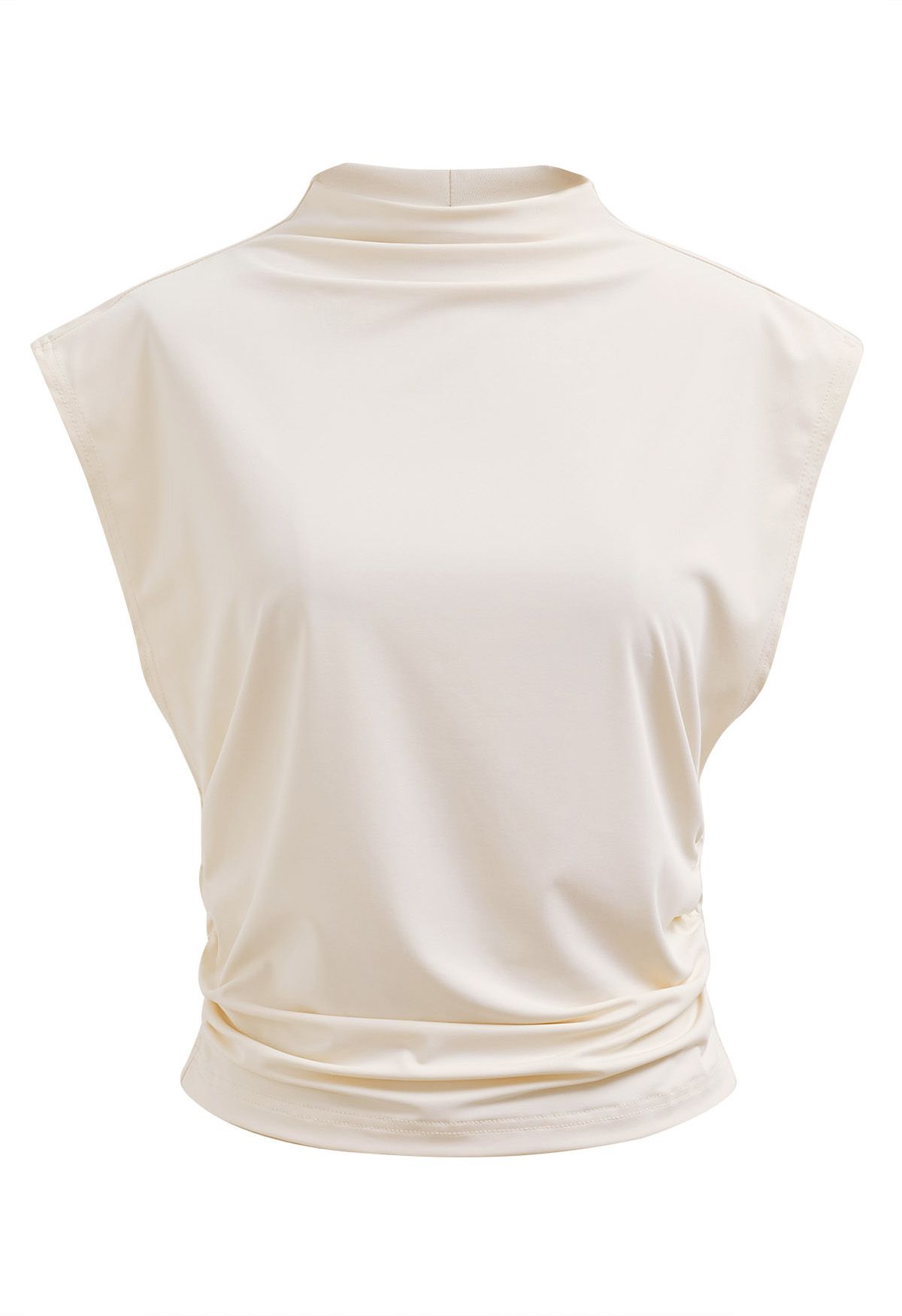 Mock Neck Ruched Sleeveless Top in Cream