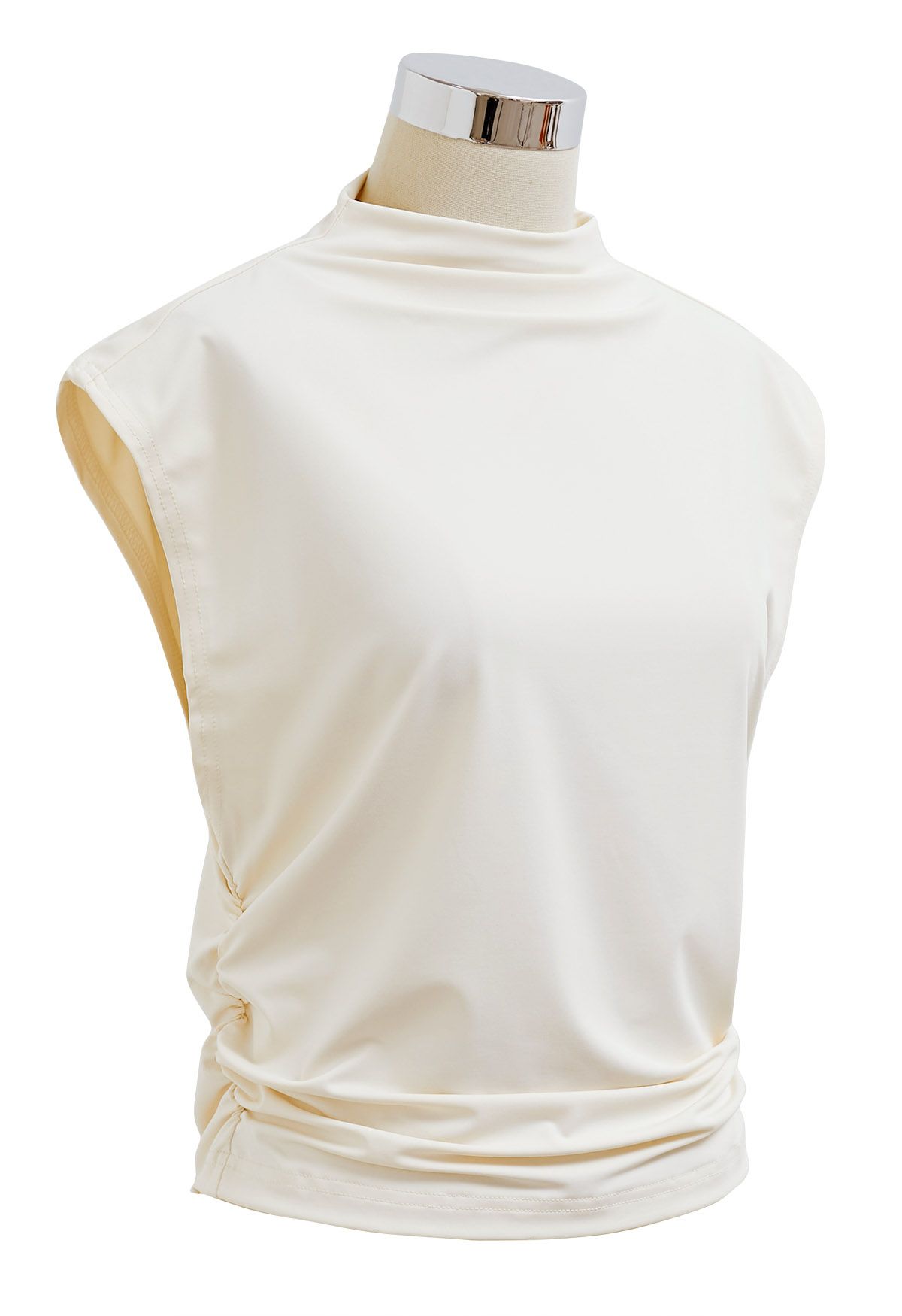 Mock Neck Ruched Sleeveless Top in Cream