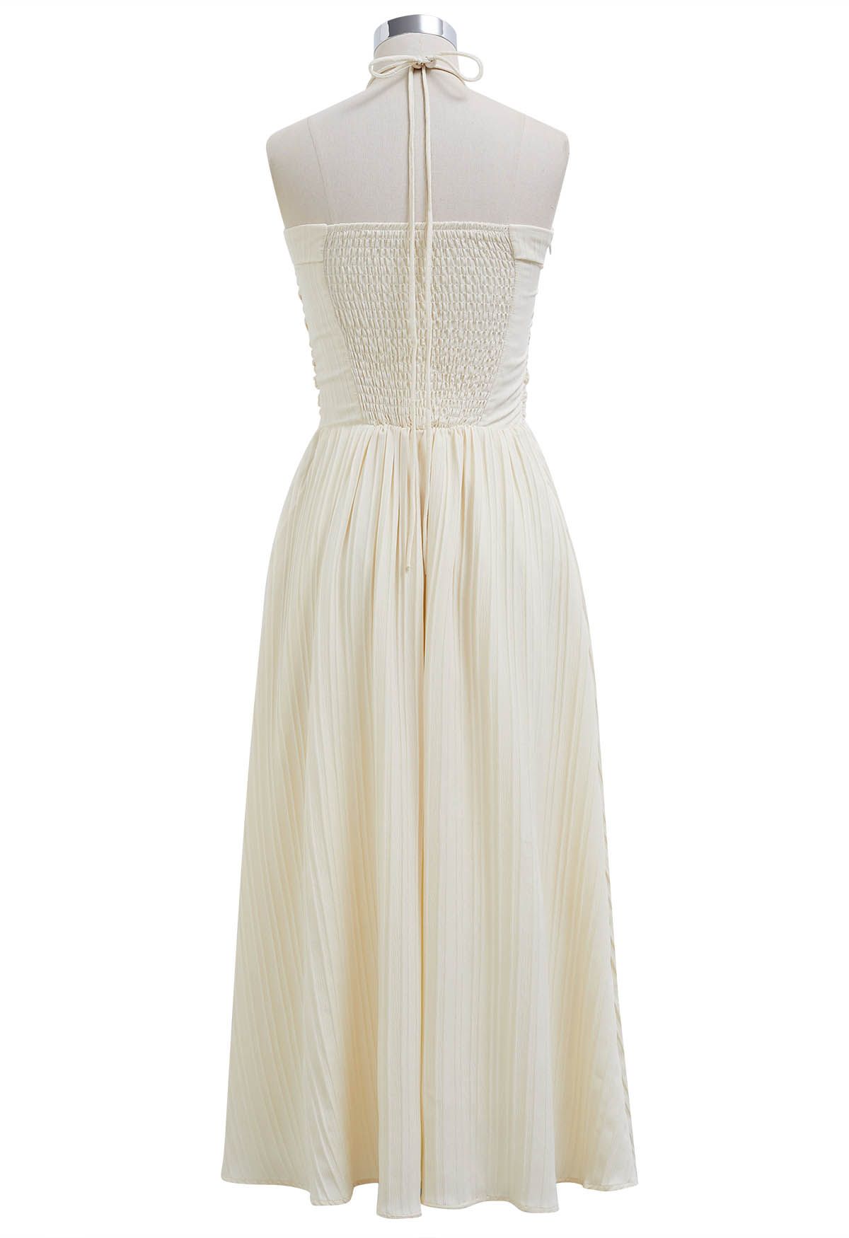 Halter Neck Shirred Back Midi Dress in Cream