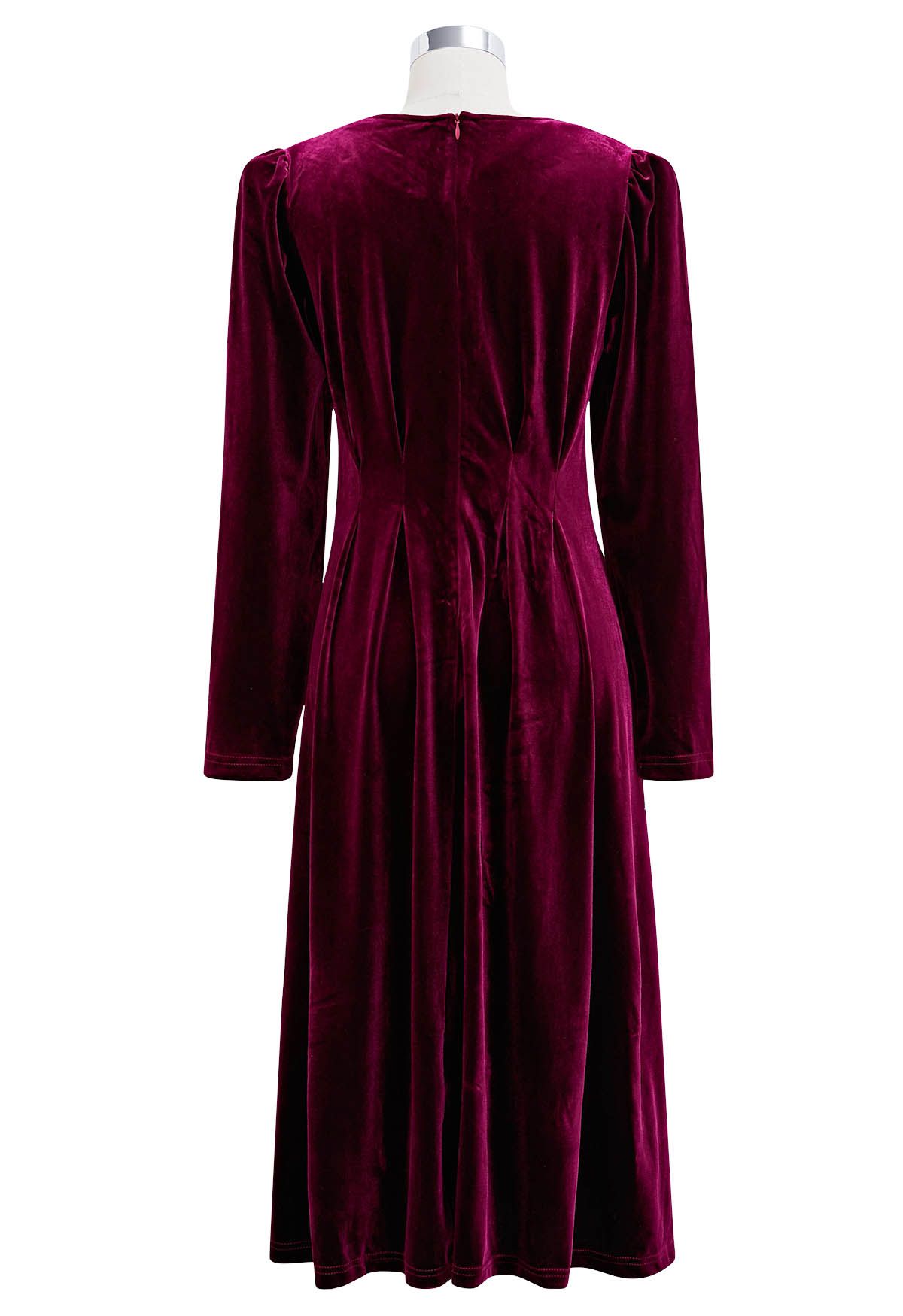 Rhinestone Embellished Velvet Midi Dress in Burgundy