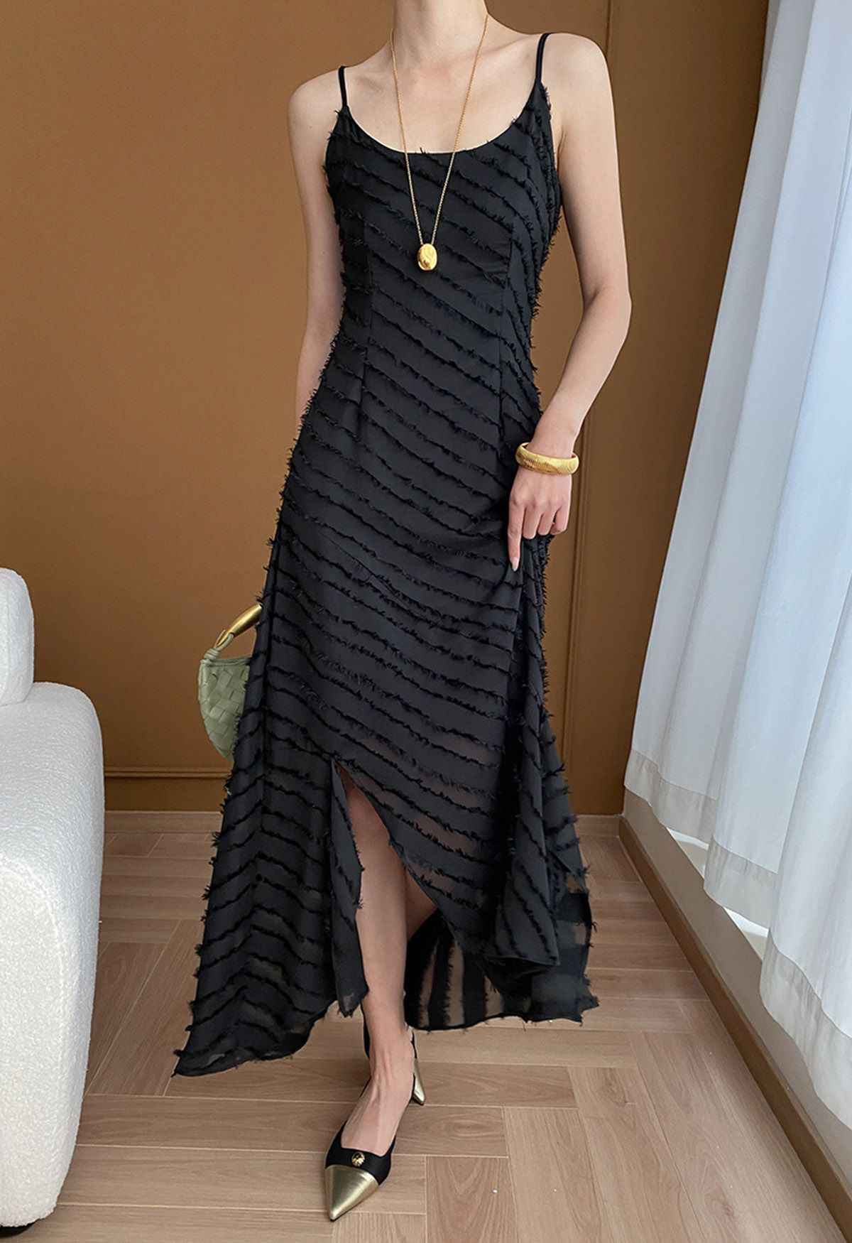 Fringed Stripe Split Cami Dress in Black