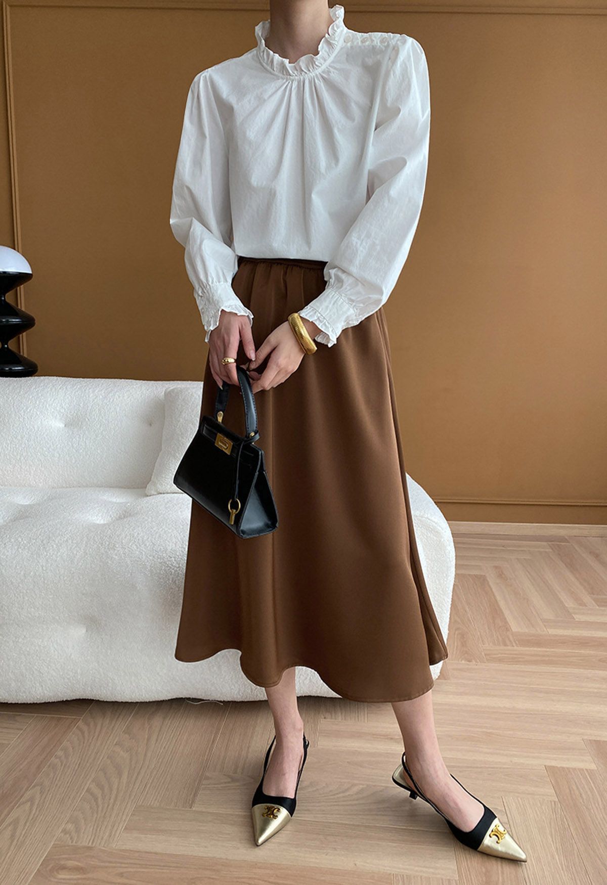 Satin High Waist Midi Skirt in Brown