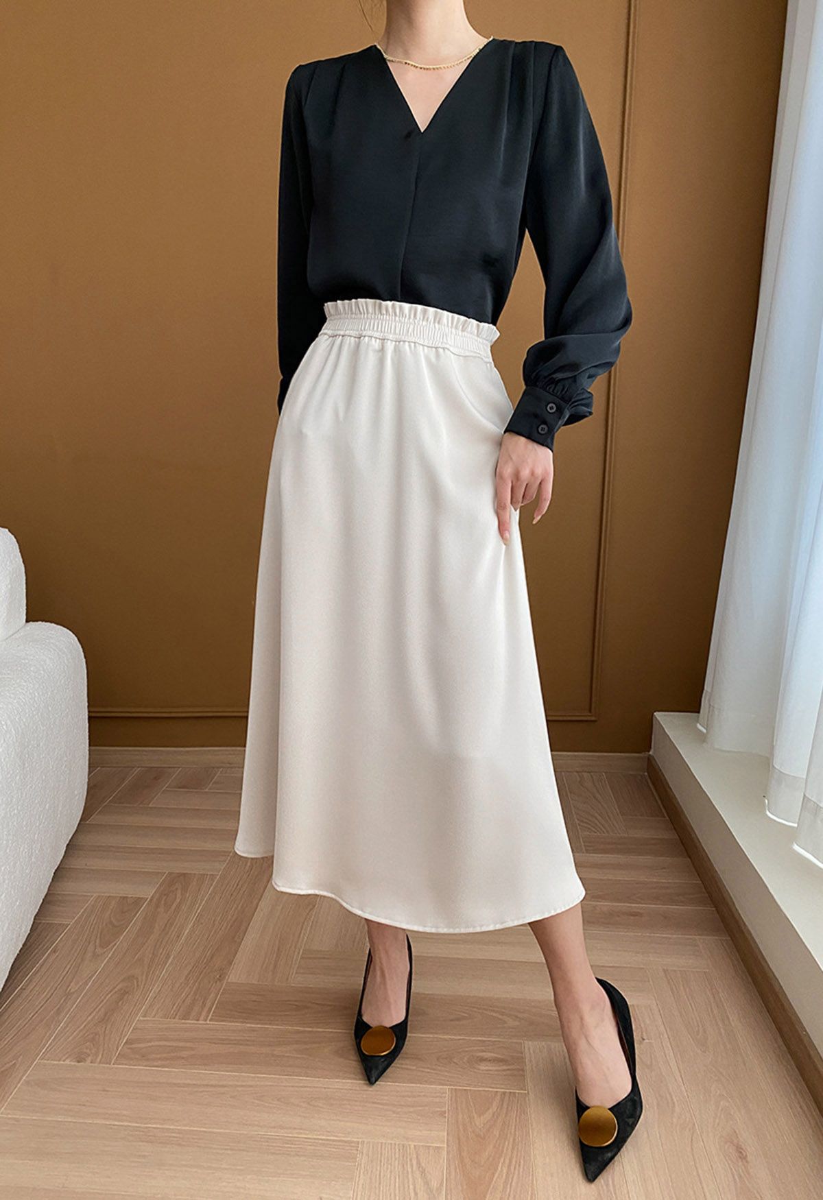 Satin High Waist Midi Skirt in Ivory