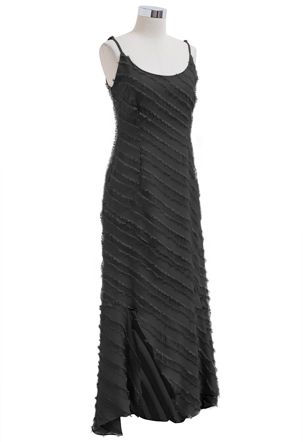 Fringed Stripe Split Cami Dress in Black