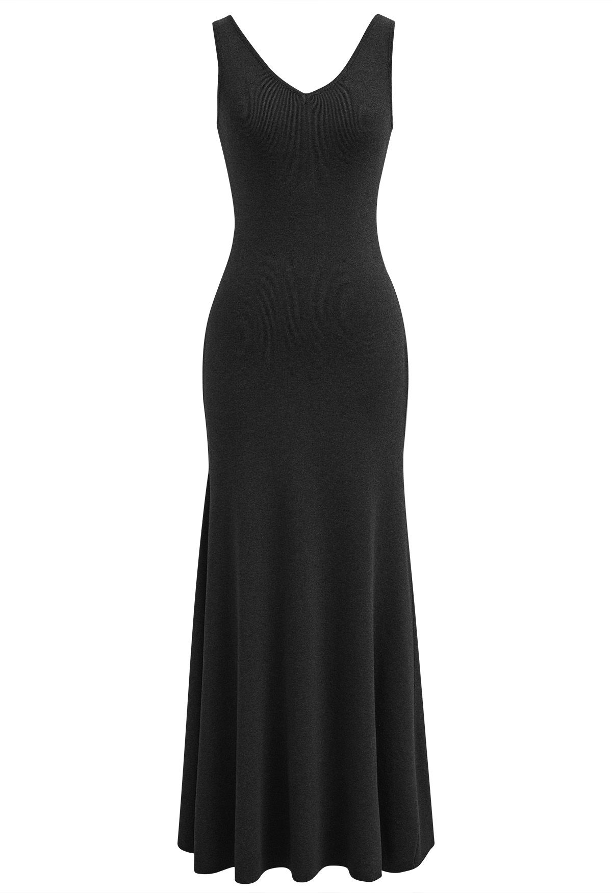 V-Neck Frill Hem Sleeveless Maxi Dress in Black