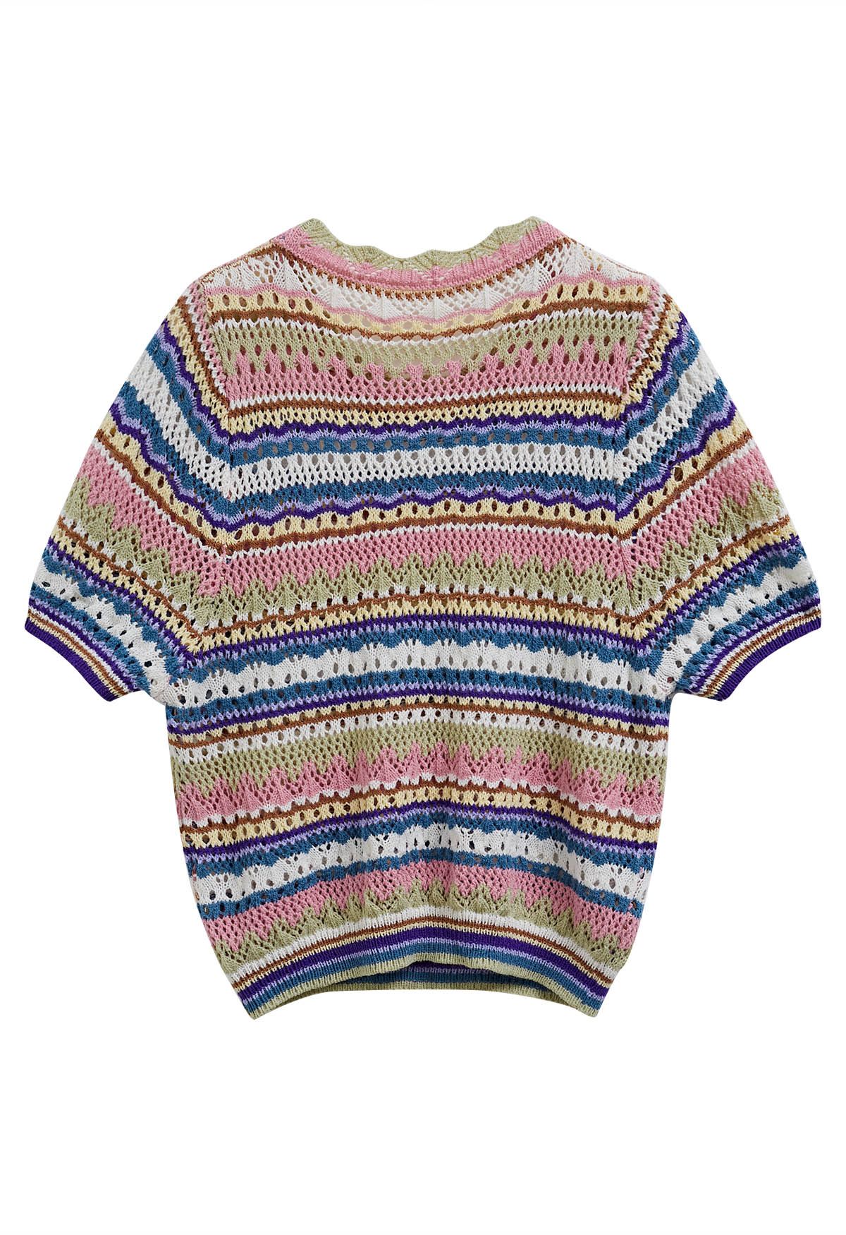 Multi Colored Stripe Pointelle Knit Top