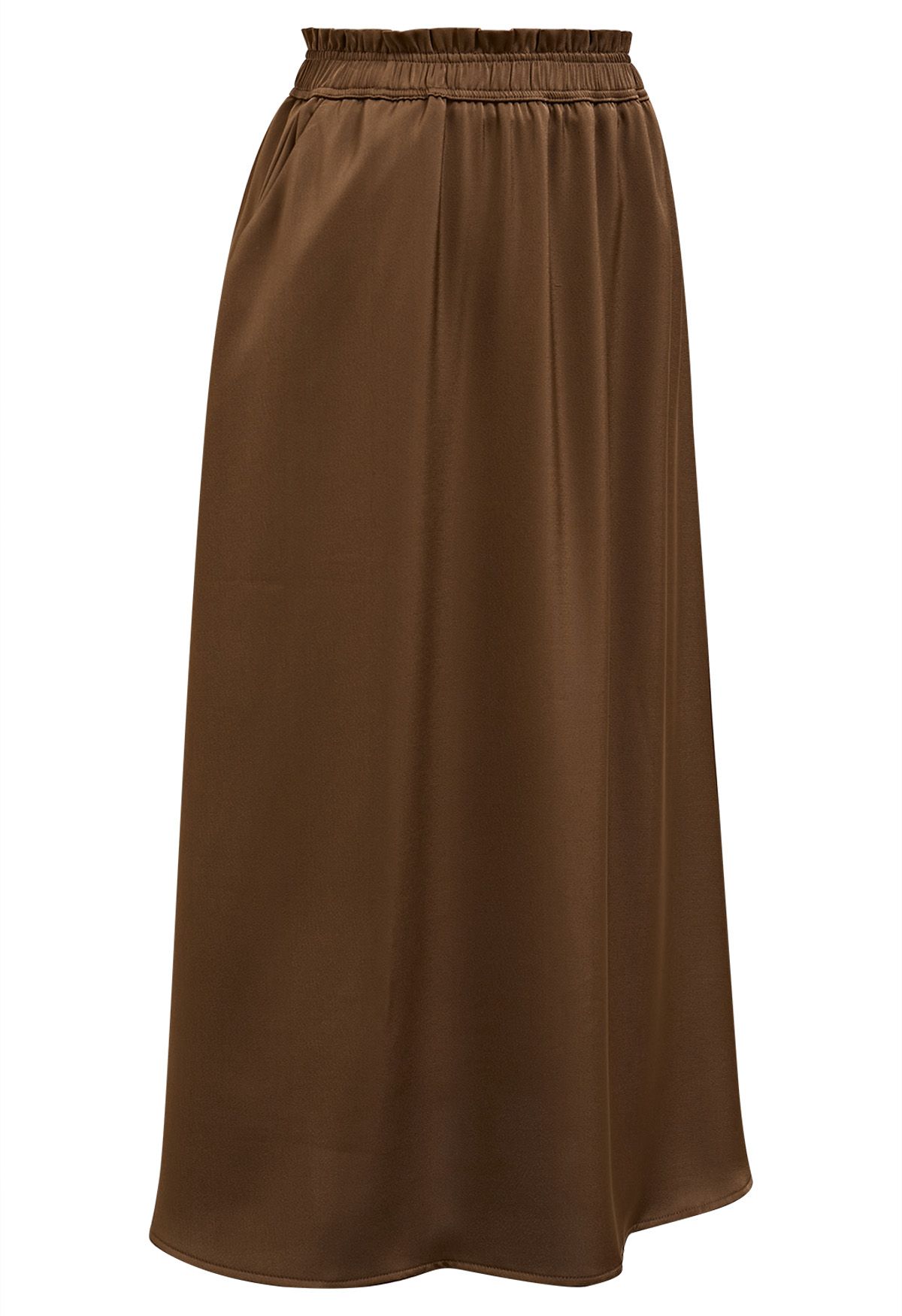 Satin High Waist Midi Skirt in Brown