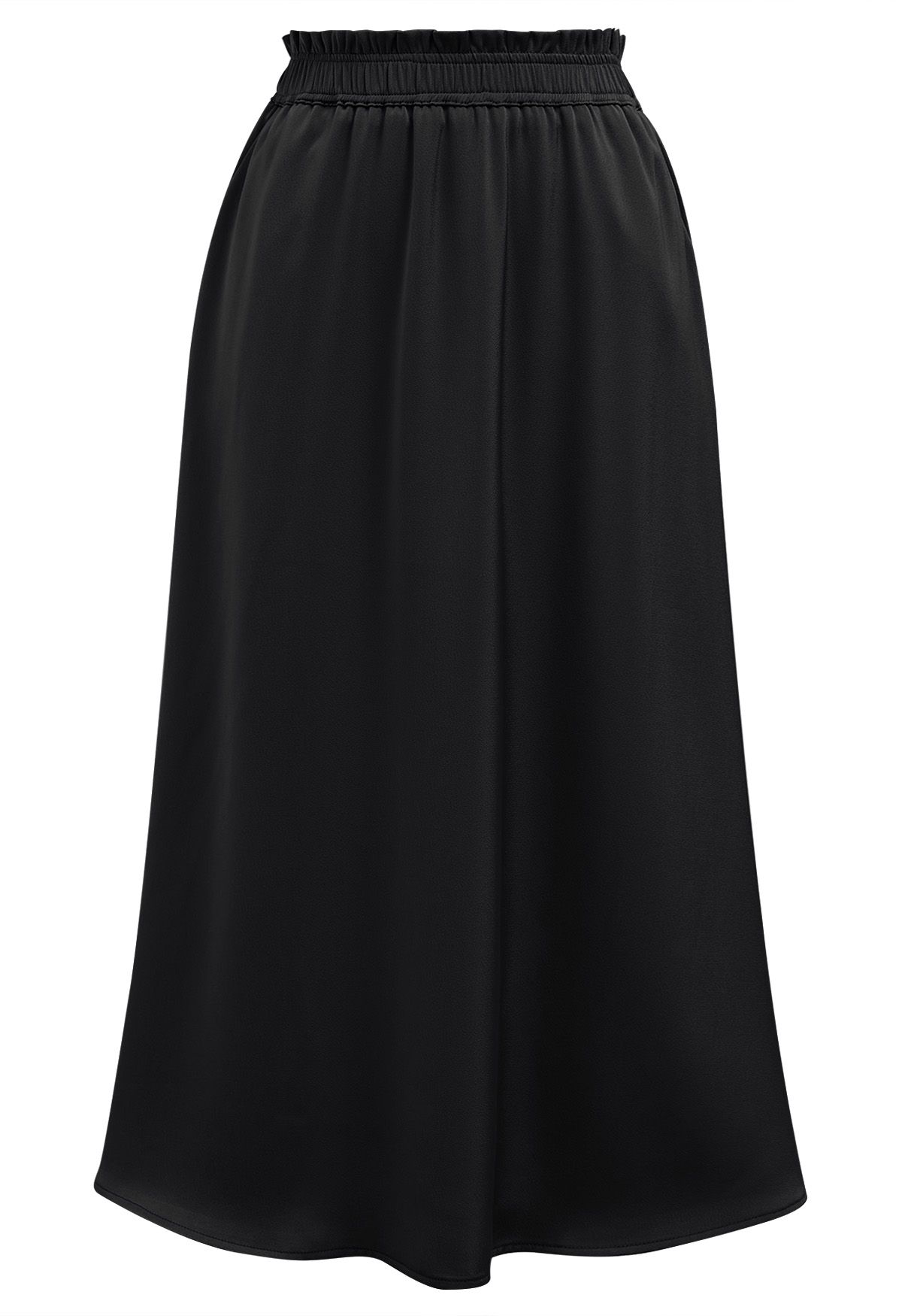 Satin High Waist Midi Skirt in Black