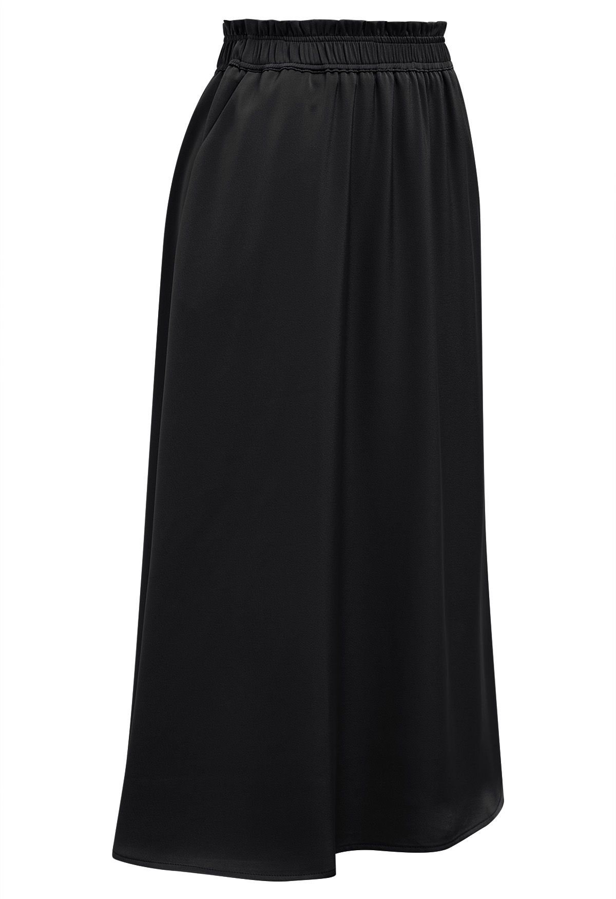 Satin High Waist Midi Skirt in Black