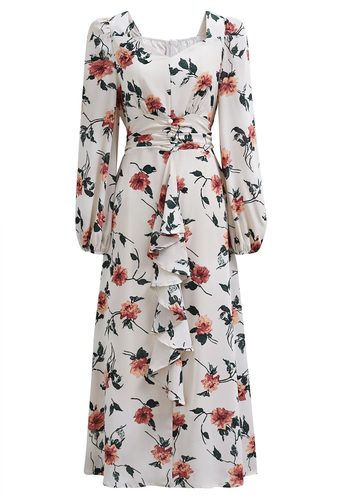 Red Floral Printed Sweetheart Neckline Ruffle Midi Dress in Ivory