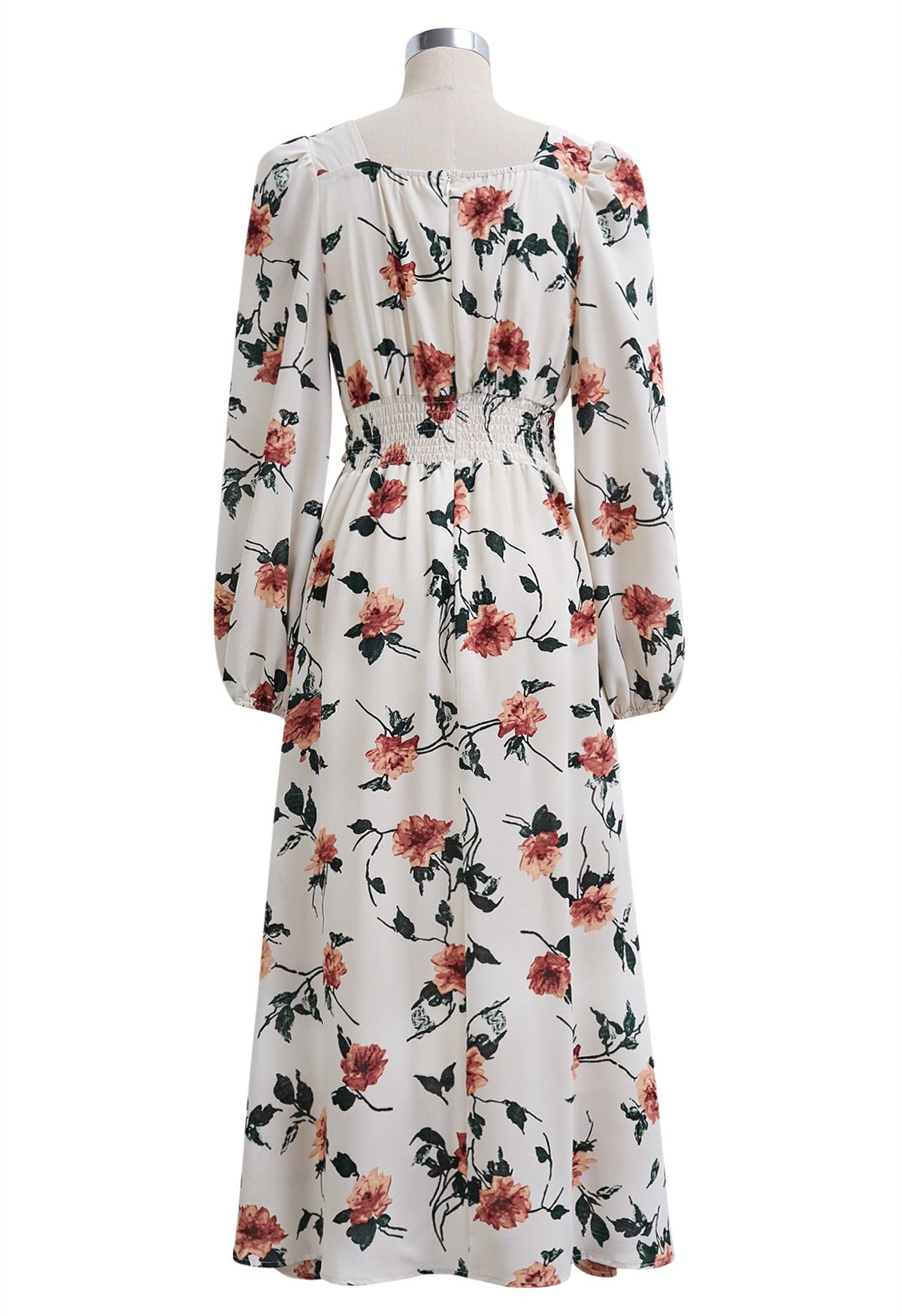 Red Floral Printed Sweetheart Neckline Ruffle Midi Dress in Ivory