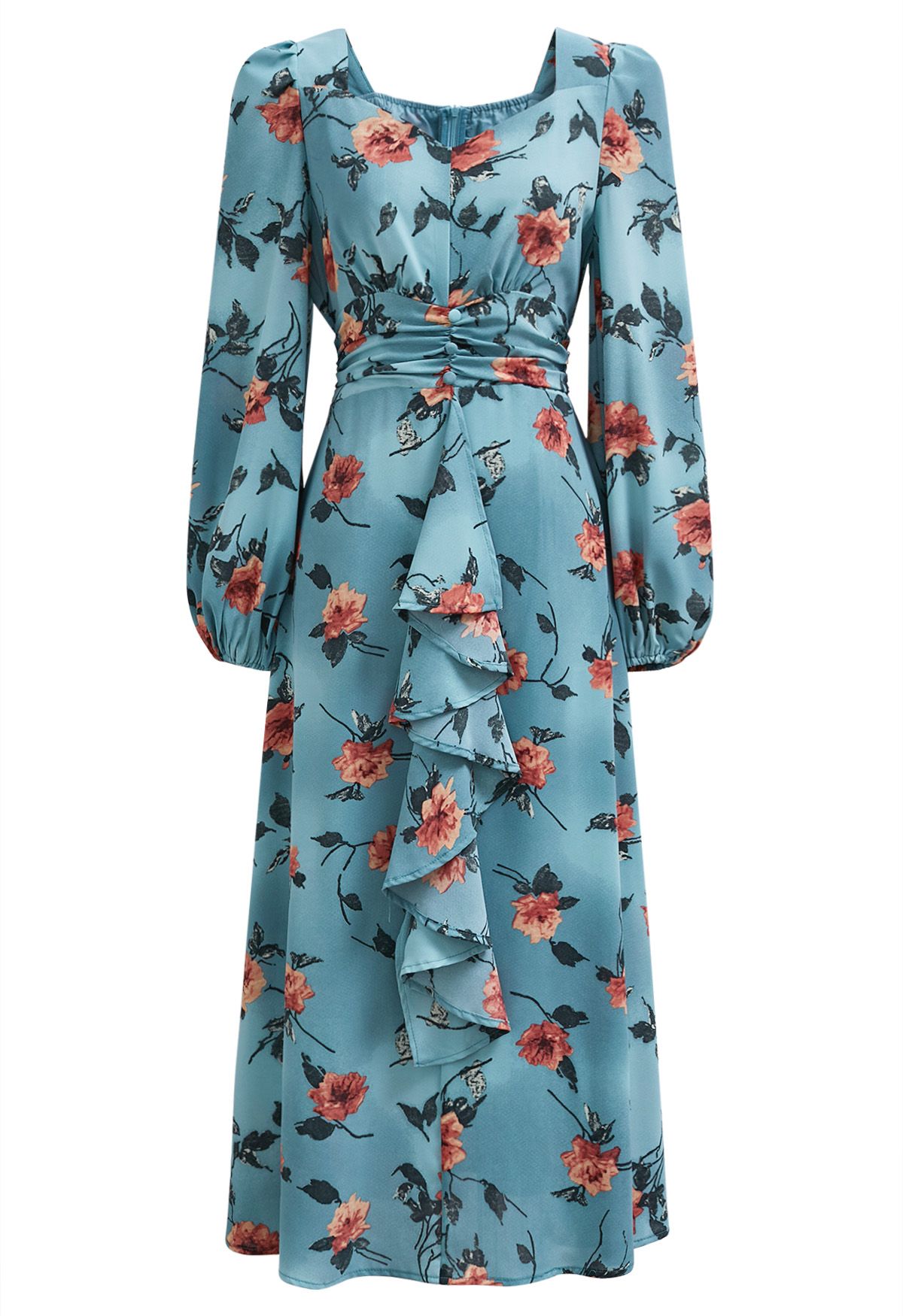 Red Floral Printed Sweetheart Neckline Ruffle Midi Dress in Blue