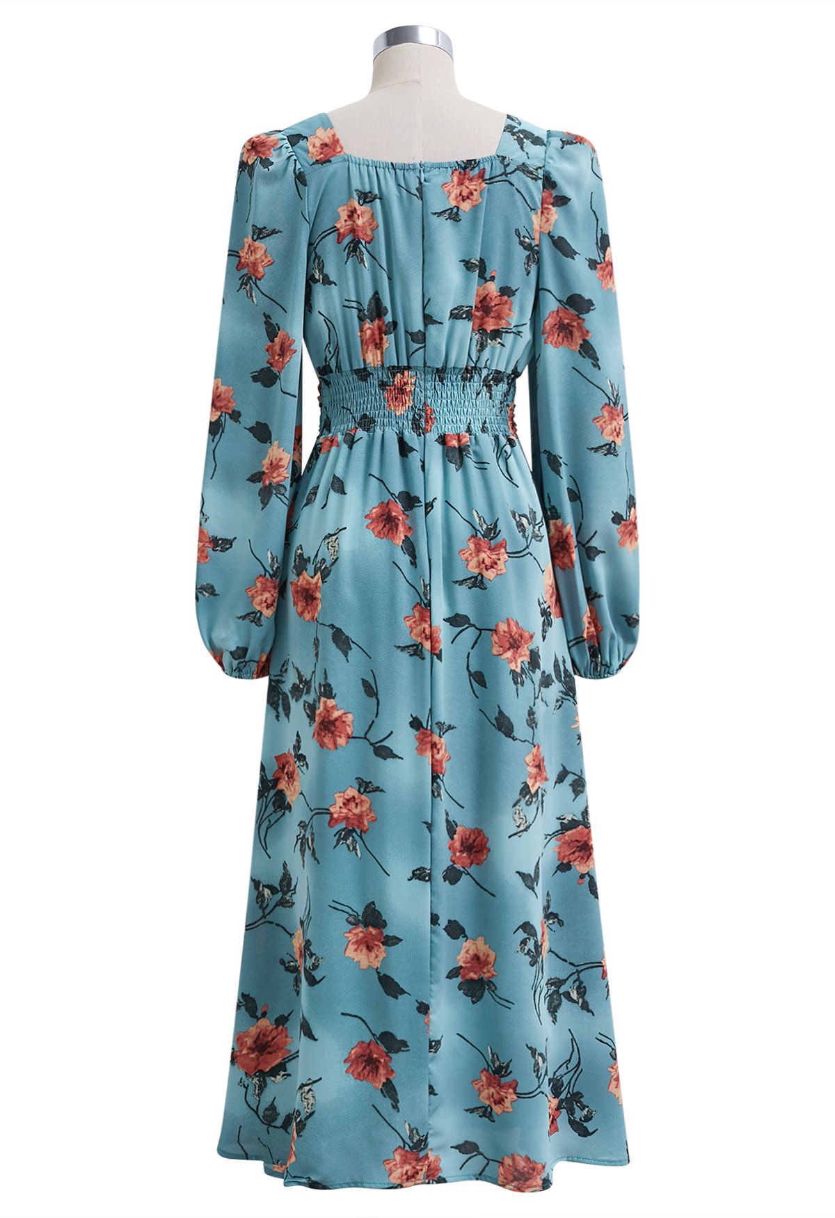 Red Floral Printed Sweetheart Neckline Ruffle Midi Dress in Blue