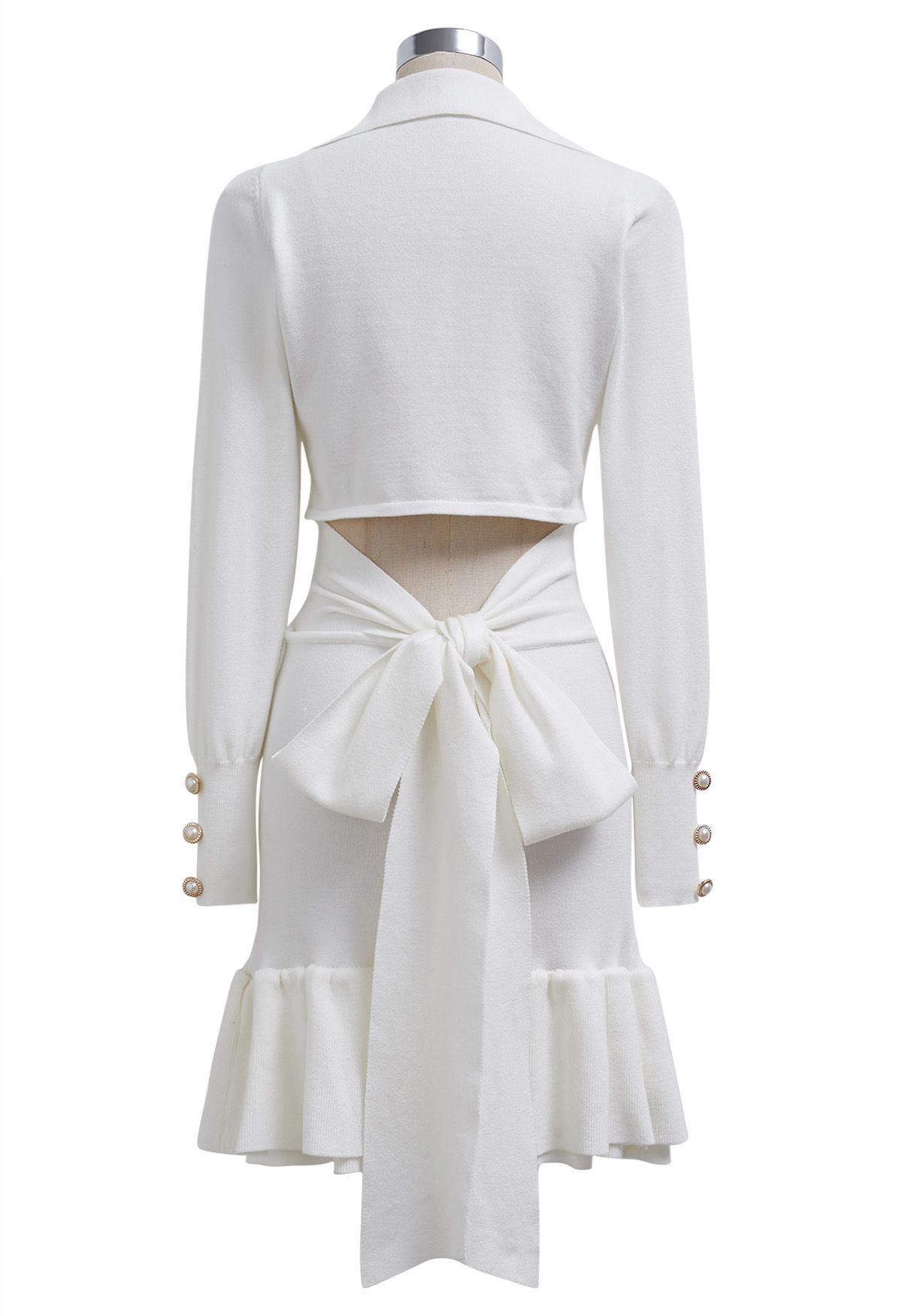 V-Neck Cutout Back Bowknot Tiered Hem Knit Dress in White