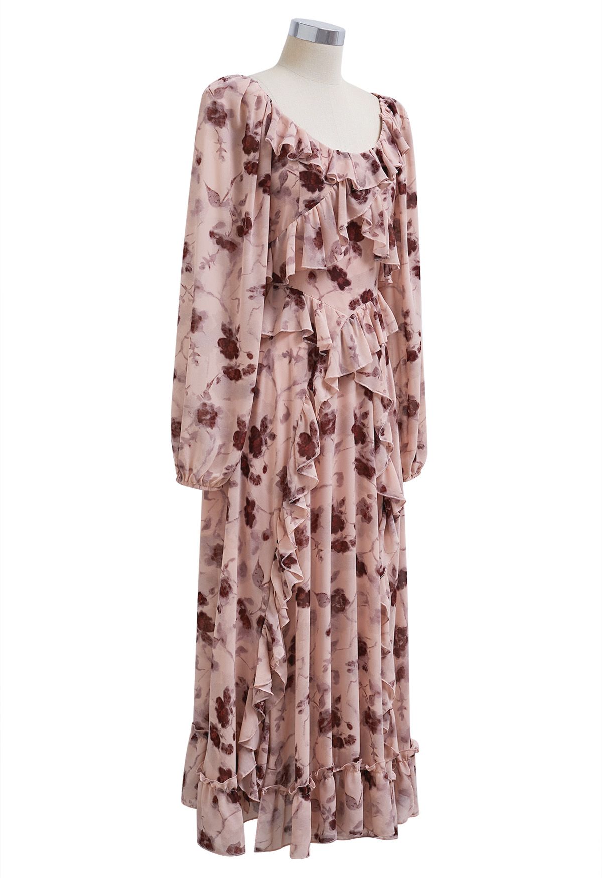 Inky Floral Tiered Ruffle Puff Sleeve Chiffon Maxi Dress in Pink