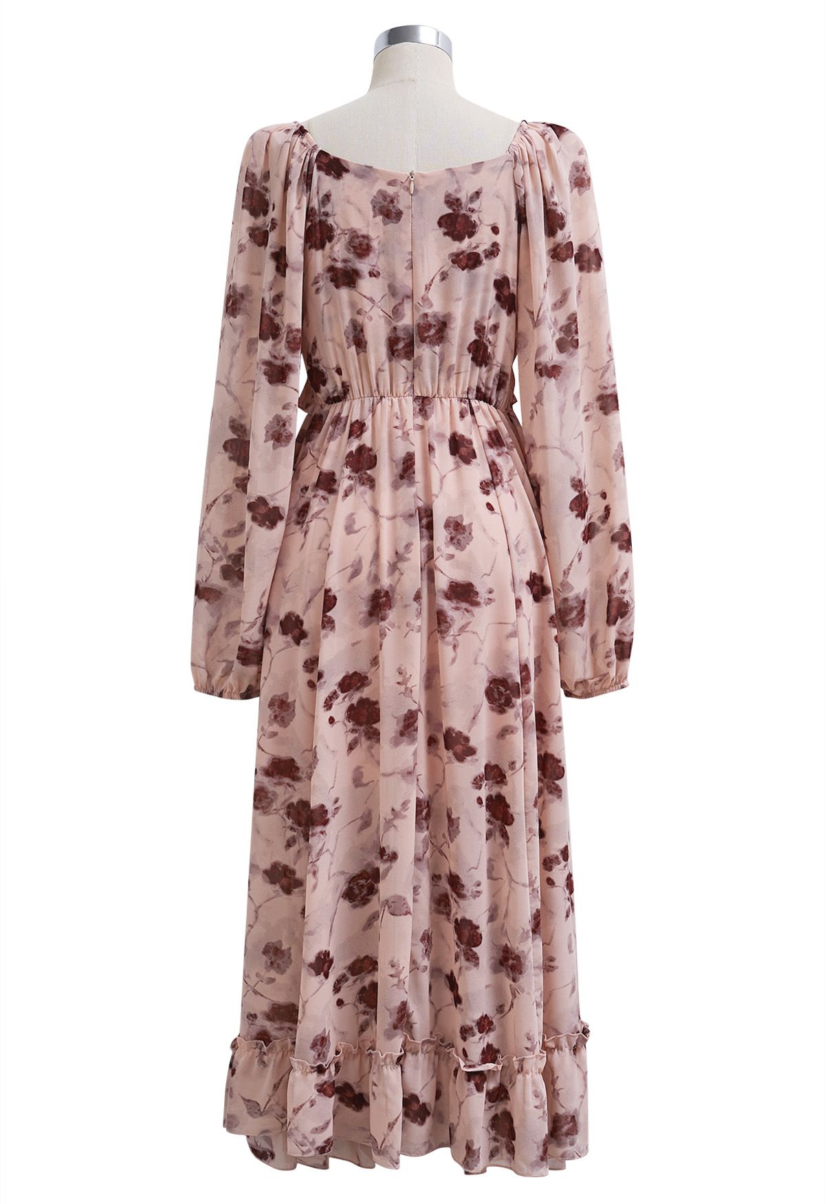 Inky Floral Tiered Ruffle Puff Sleeve Chiffon Maxi Dress in Pink