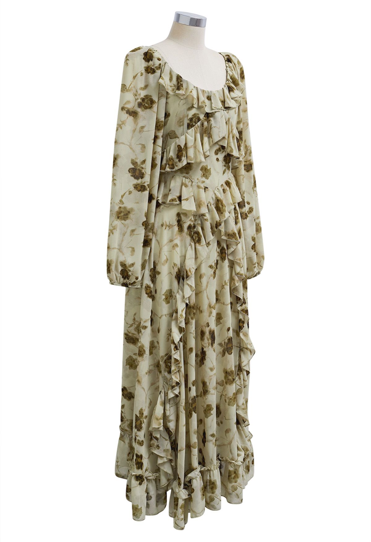 Inky Floral Tiered Ruffle Puff Sleeve Chiffon Maxi Dress in Pistachio