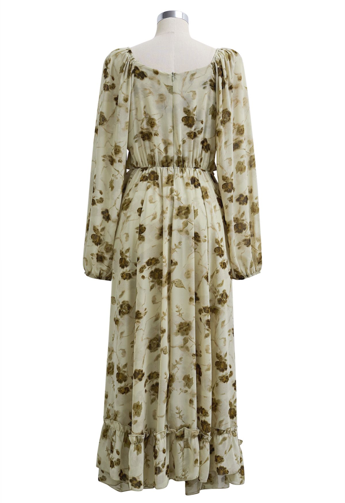 Inky Floral Tiered Ruffle Puff Sleeve Chiffon Maxi Dress in Pistachio