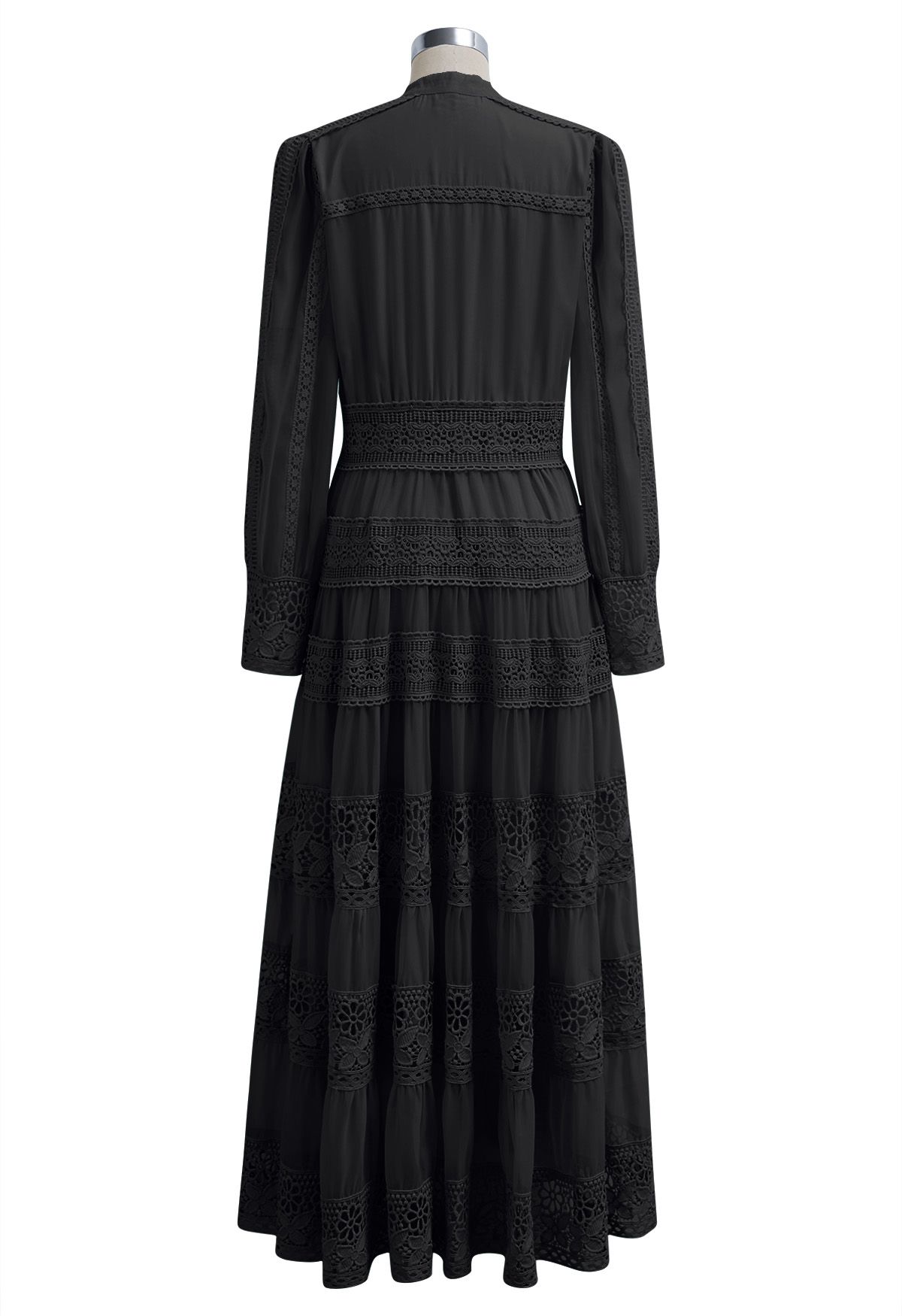 Savvy Elegance Notch Neck Floral Lace Panelled Maxi Dress in Black