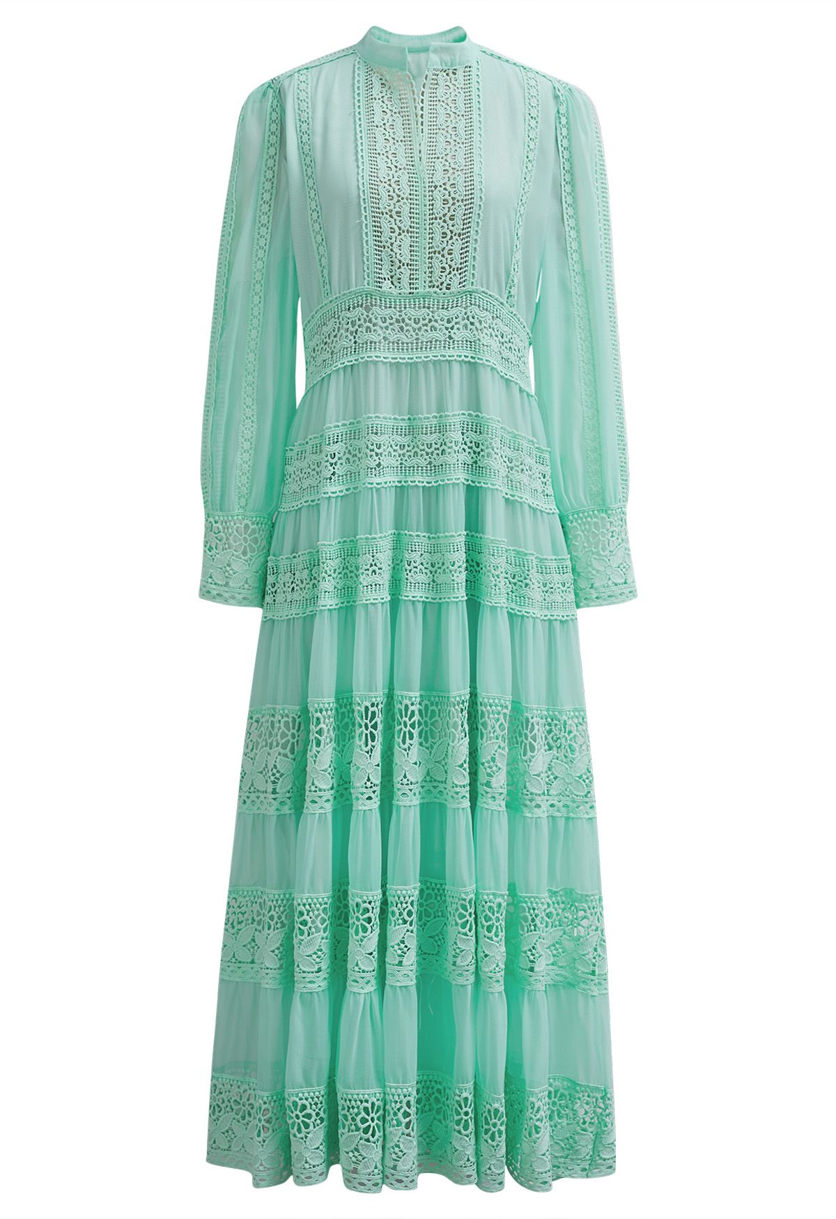 Savvy Elegance Notch Neck Floral Lace Panelled Maxi Dress in Mint