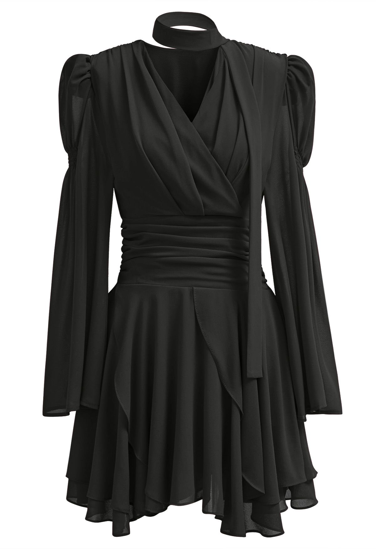 Faux-Wrap Flare Sleeve Asymmetric Chiffon Mini Dress with Sash in Black