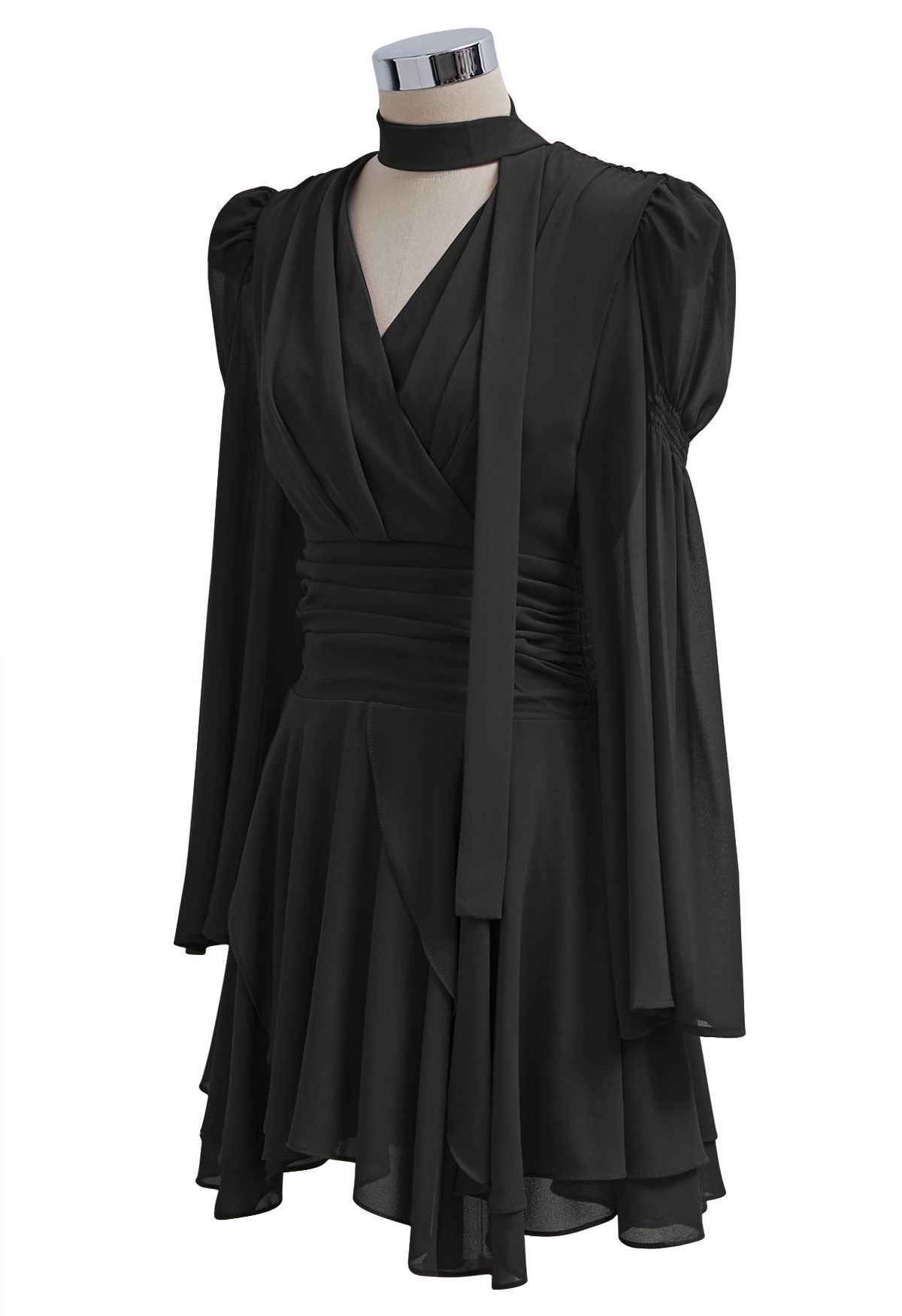 Faux-Wrap Flare Sleeve Asymmetric Chiffon Mini Dress with Sash in Black