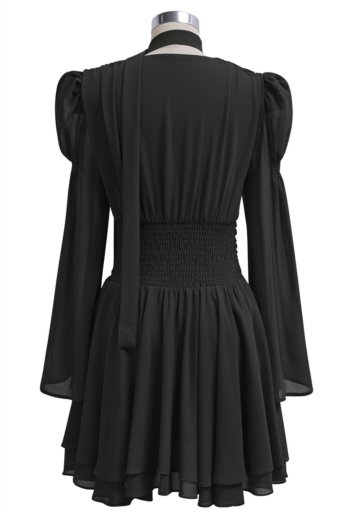 Faux-Wrap Flare Sleeve Asymmetric Chiffon Mini Dress with Sash in Black