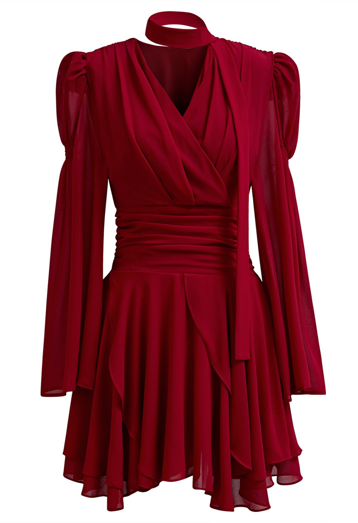 Faux-Wrap Flare Sleeve Asymmetric Chiffon Mini Dress with Sash in Red