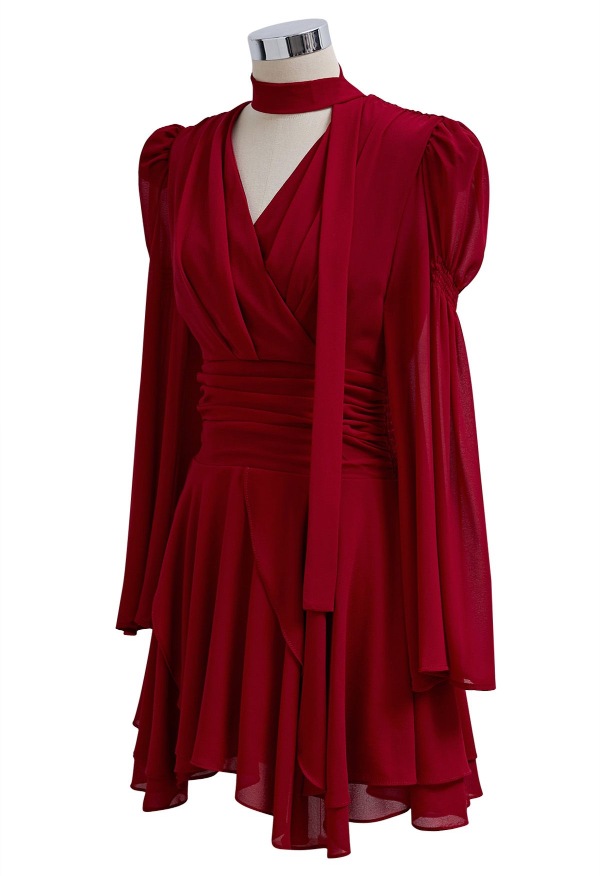 Faux-Wrap Flare Sleeve Asymmetric Chiffon Mini Dress with Sash in Red