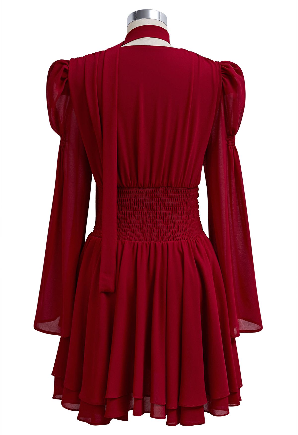 Faux-Wrap Flare Sleeve Asymmetric Chiffon Mini Dress with Sash in Red