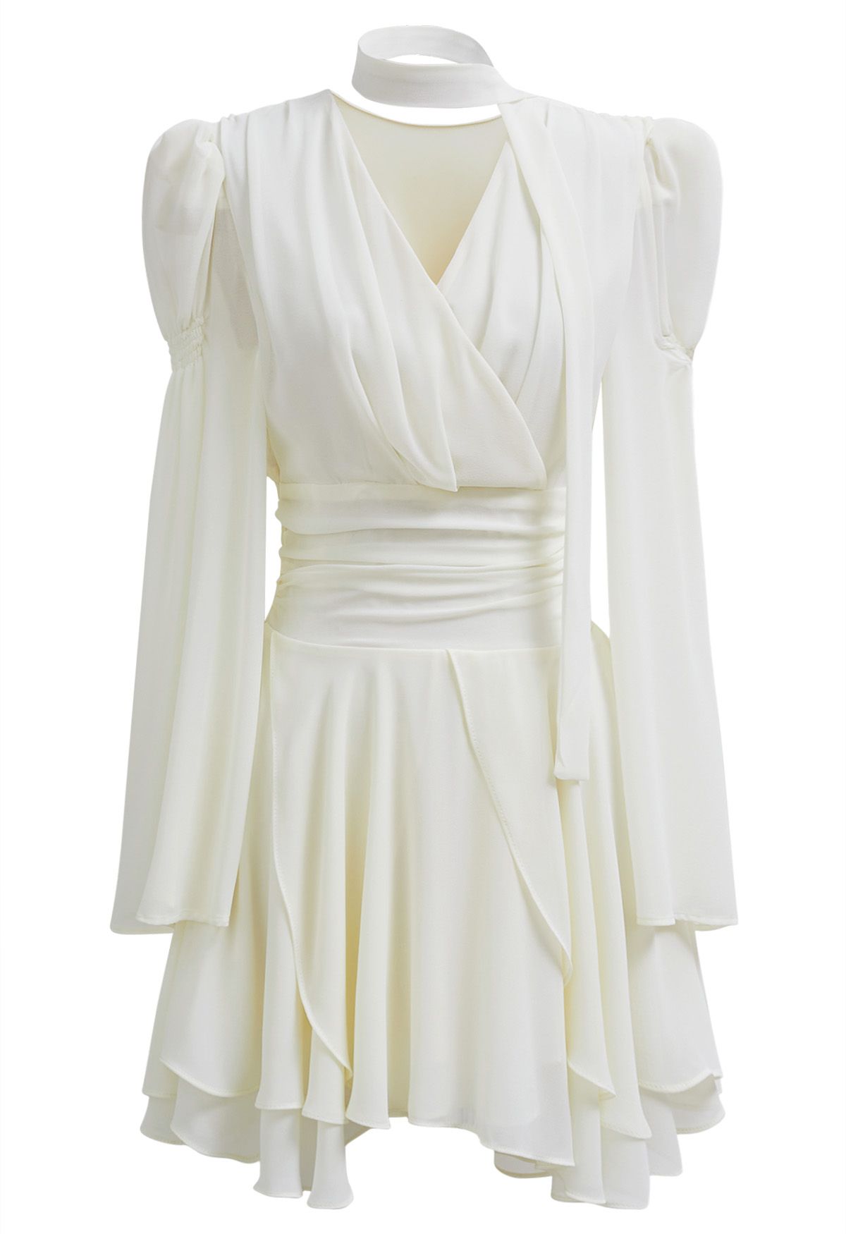 Faux-Wrap Flare Sleeve Asymmetric Chiffon Mini Dress with Sash in Ivory